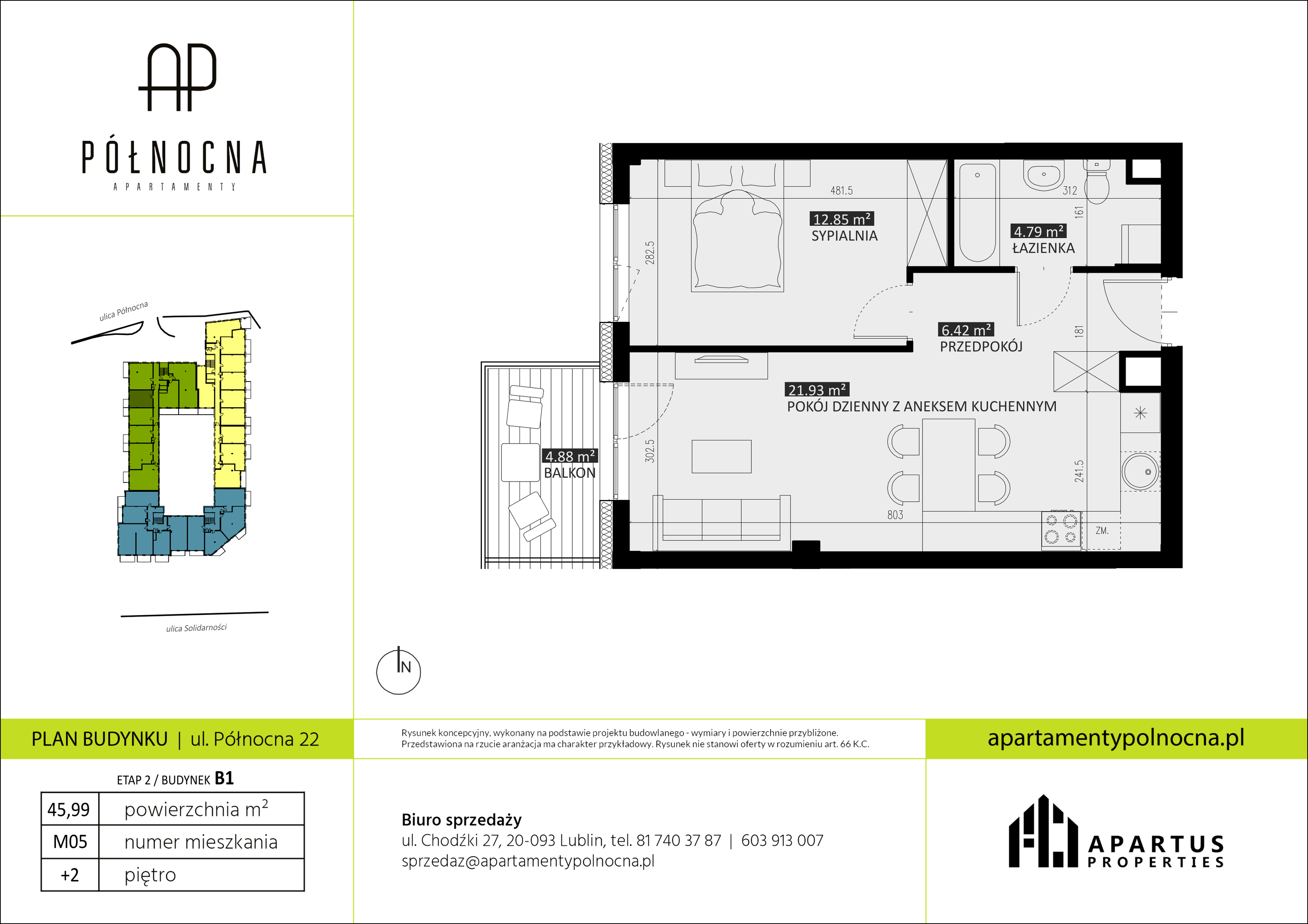 Mieszkanie 45,99 m², piętro 2, oferta nr B1/5, Apartamenty Północna, Lublin, Śródmieście, Śródmieście, ul. Północna 22/24-idx