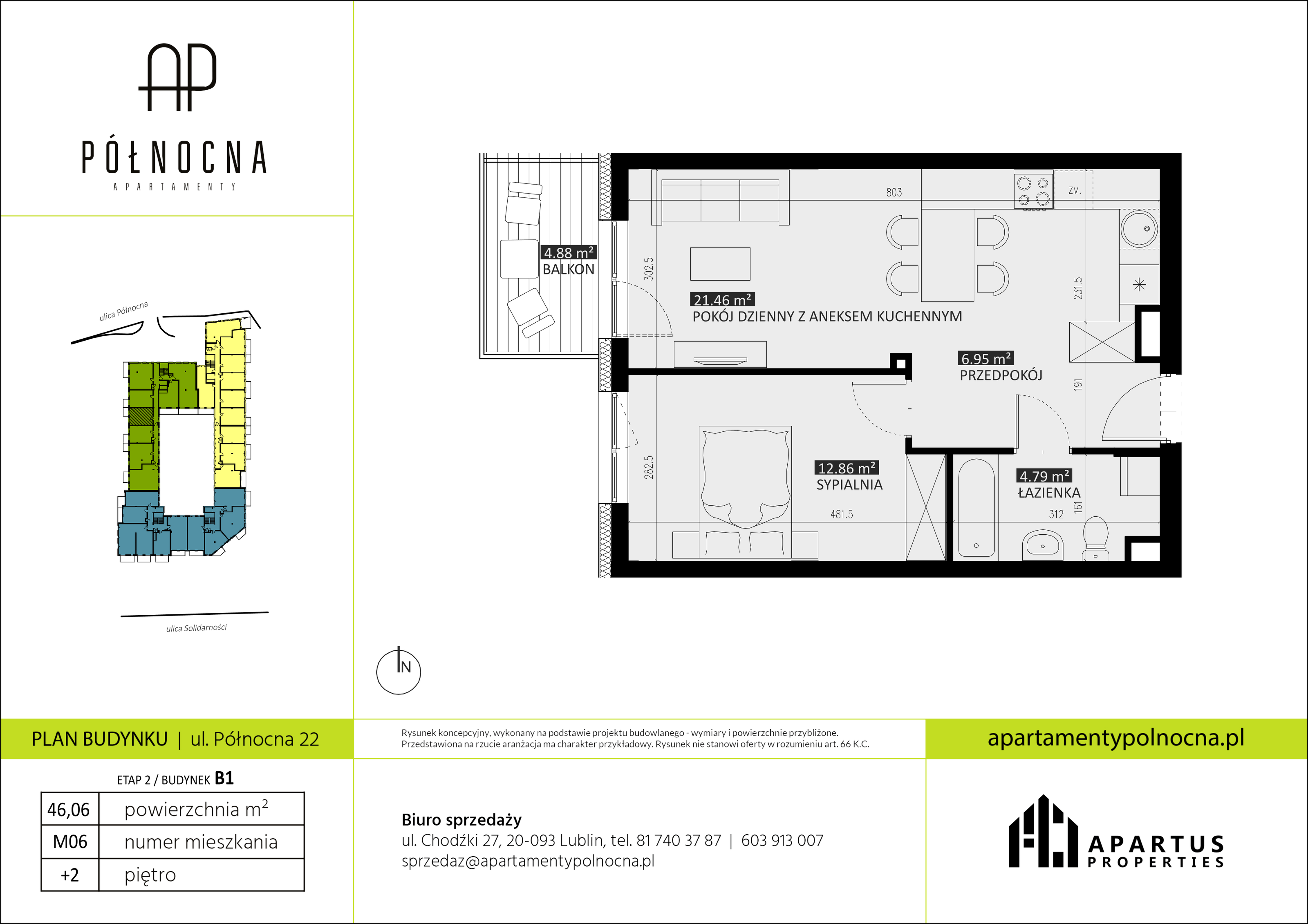 Mieszkanie 46,06 m², piętro 2, oferta nr B1/6, Apartamenty Północna, Lublin, Śródmieście, Śródmieście, ul. Północna 22/24-idx