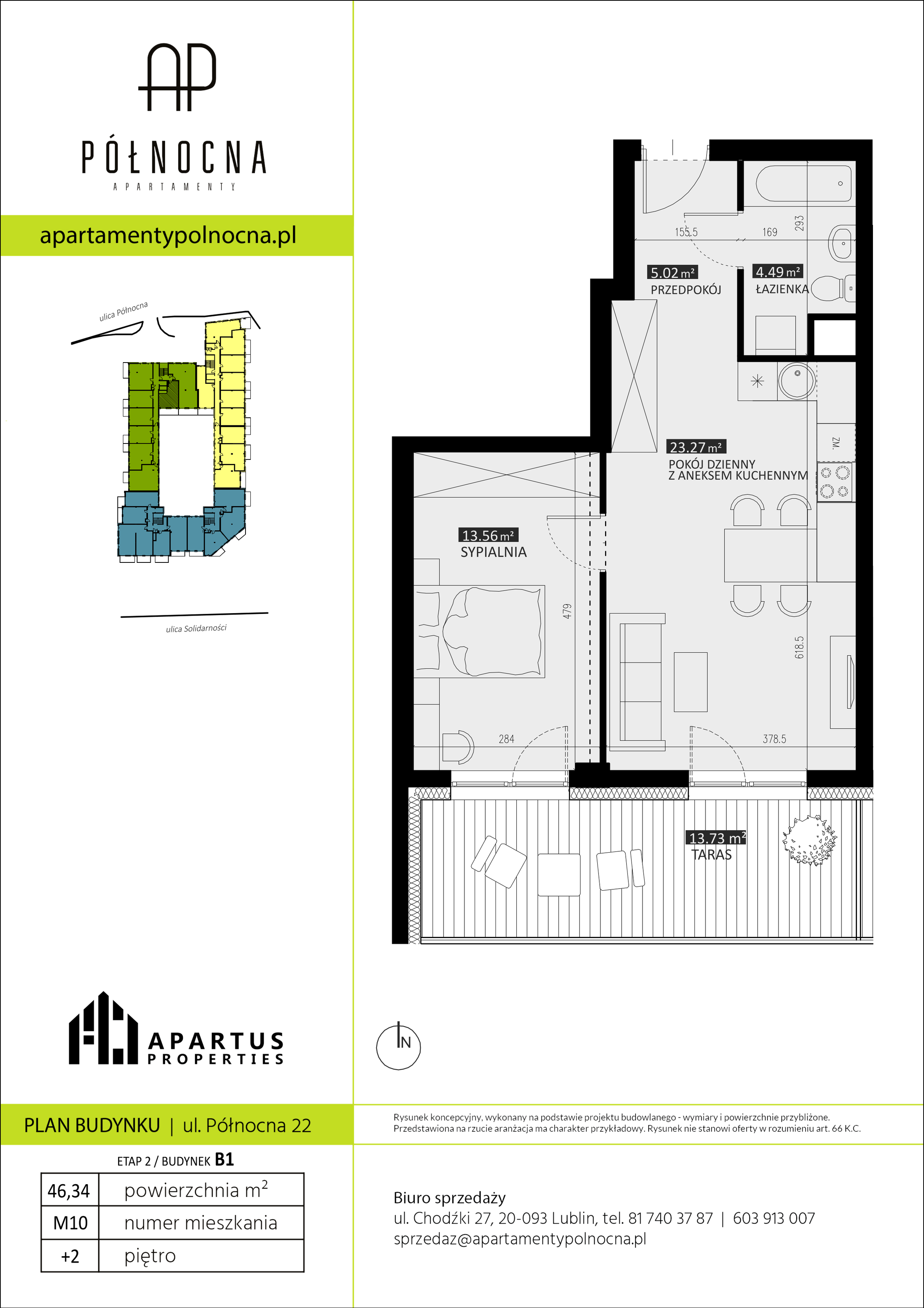 Mieszkanie 46,34 m², piętro 2, oferta nr B1/10, Apartamenty Północna, Lublin, Śródmieście, Śródmieście, ul. Północna 22/24-idx