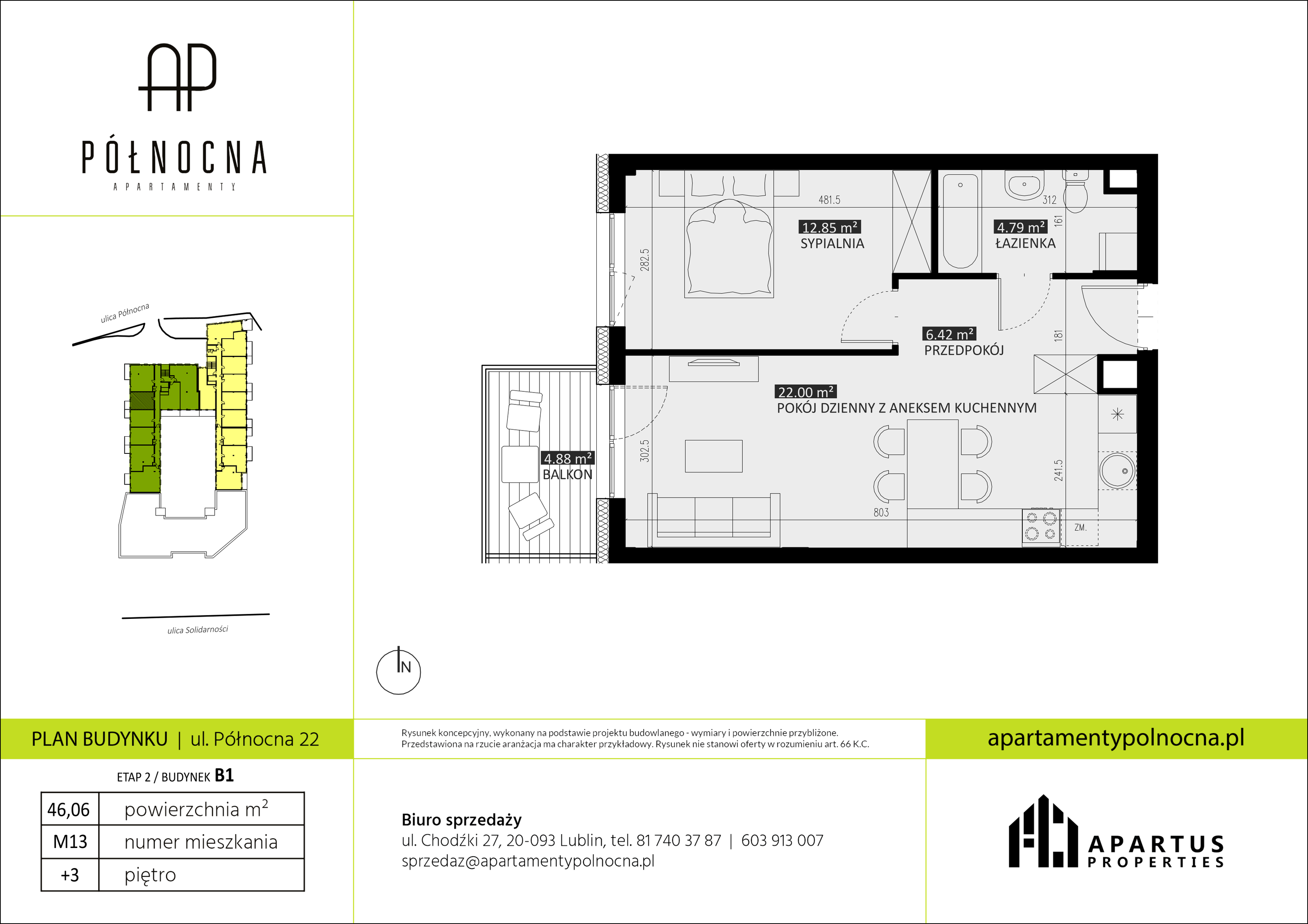 Mieszkanie 46,06 m², piętro 3, oferta nr B1/13, Apartamenty Północna, Lublin, Śródmieście, Śródmieście, ul. Północna 22/24-idx