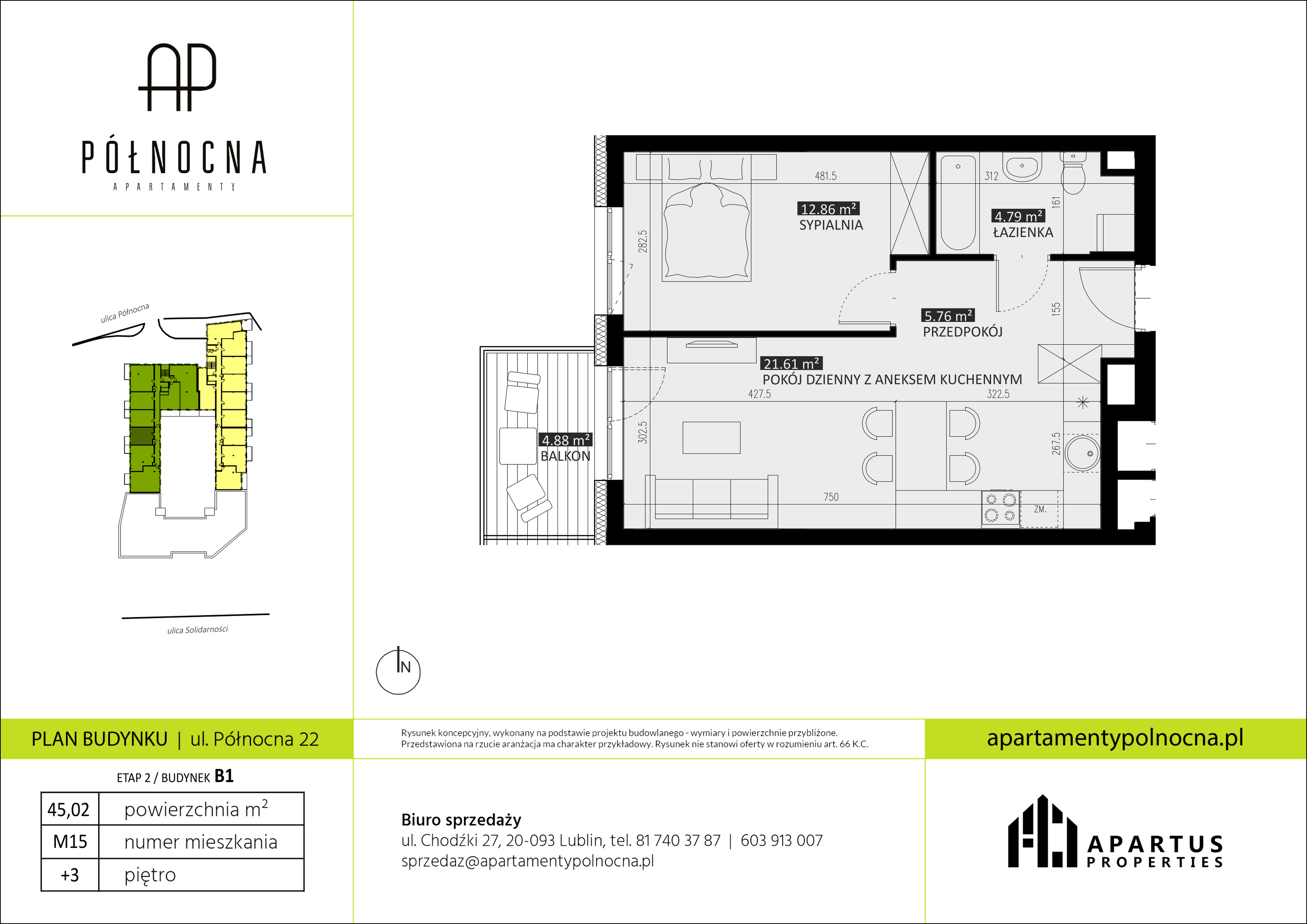 Mieszkanie 45,02 m², piętro 3, oferta nr B1/15, Apartamenty Północna, Lublin, Śródmieście, Śródmieście, ul. Północna 22/24-idx