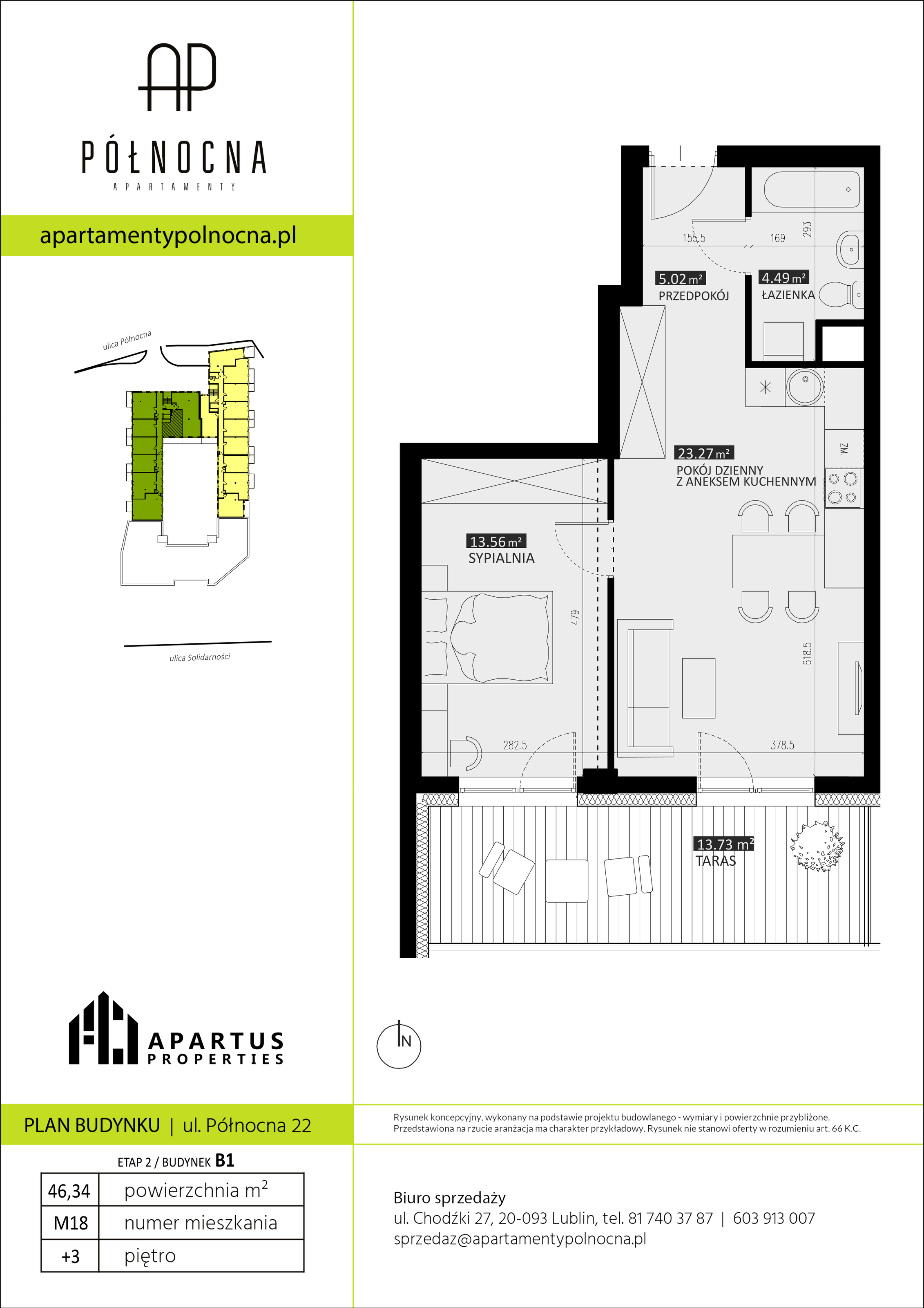 Mieszkanie 46,34 m², piętro 3, oferta nr B1/18, Apartamenty Północna, Lublin, Śródmieście, Śródmieście, ul. Północna 22/24-idx