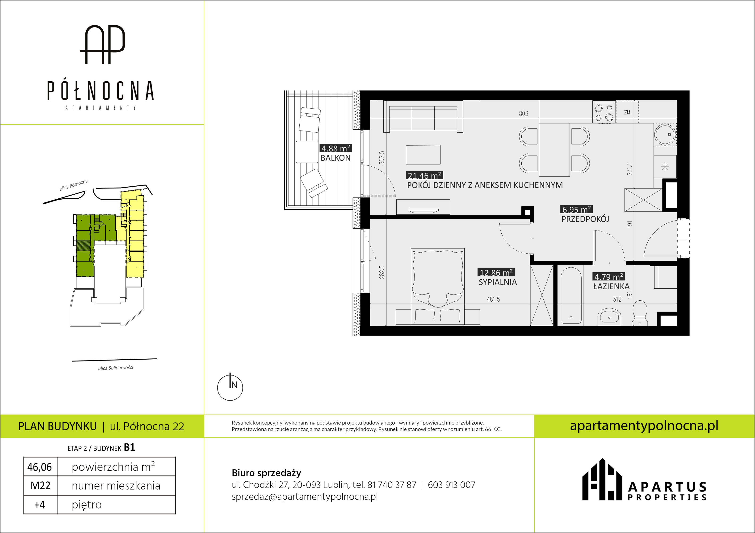 Mieszkanie 46,06 m², piętro 4, oferta nr B1/22, Apartamenty Północna, Lublin, Śródmieście, Śródmieście, ul. Północna 22/24-idx