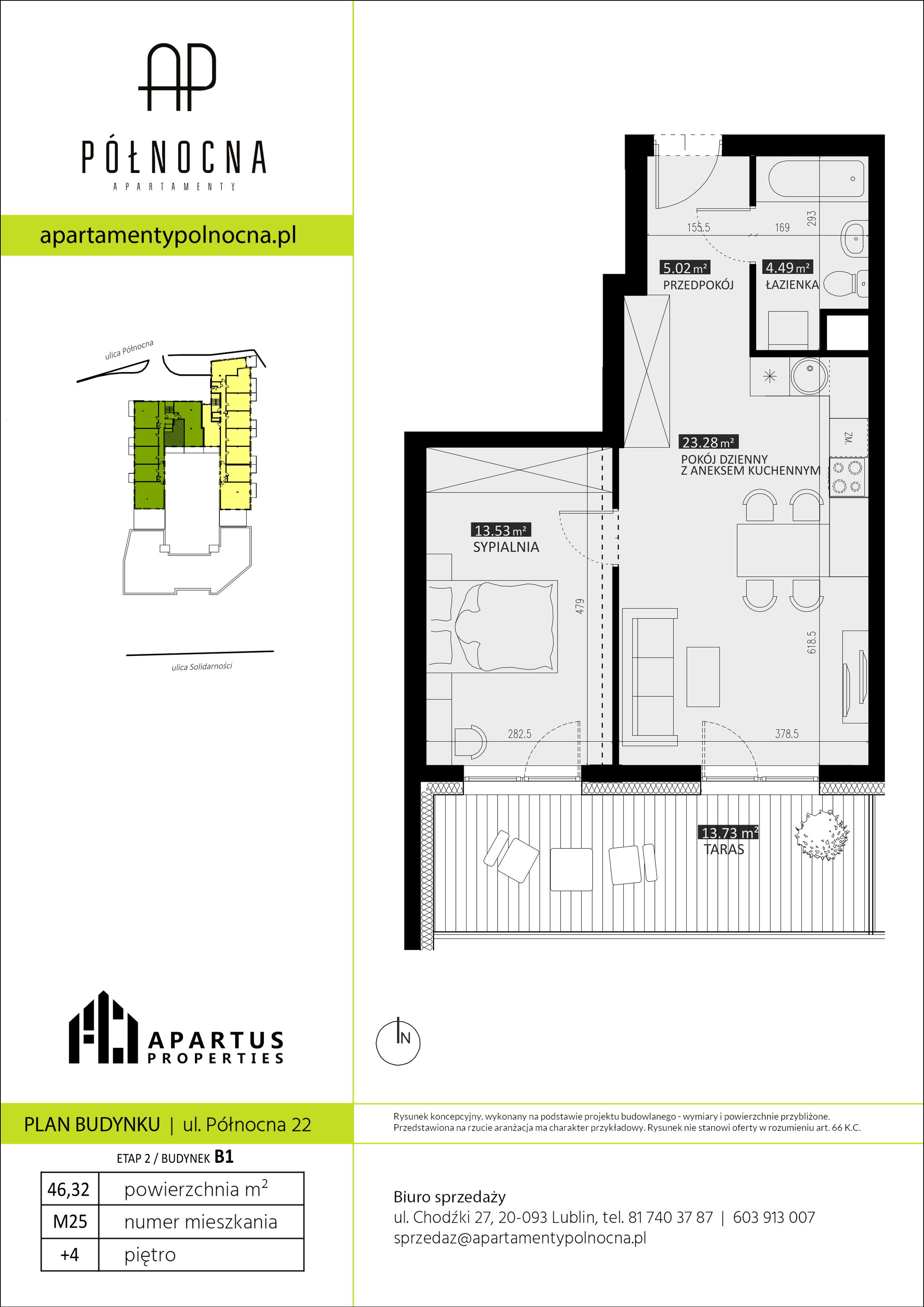 Mieszkanie 46,32 m², piętro 4, oferta nr B1/25, Apartamenty Północna, Lublin, Śródmieście, Śródmieście, ul. Północna 22/24-idx