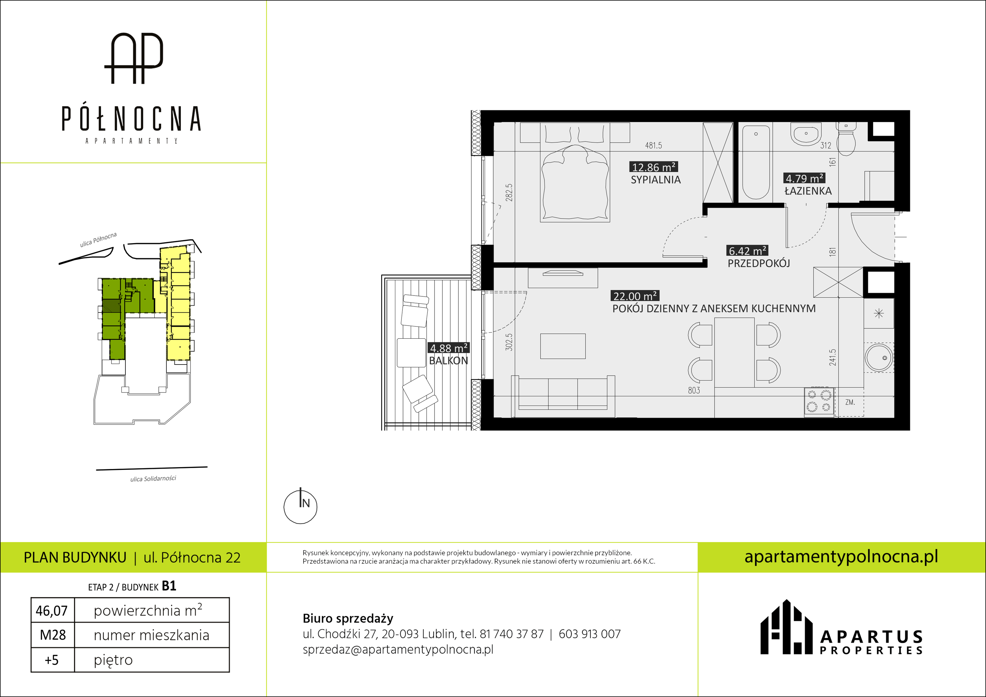 Mieszkanie 46,07 m², piętro 5, oferta nr B1/28, Apartamenty Północna, Lublin, Śródmieście, Śródmieście, ul. Północna 22/24-idx