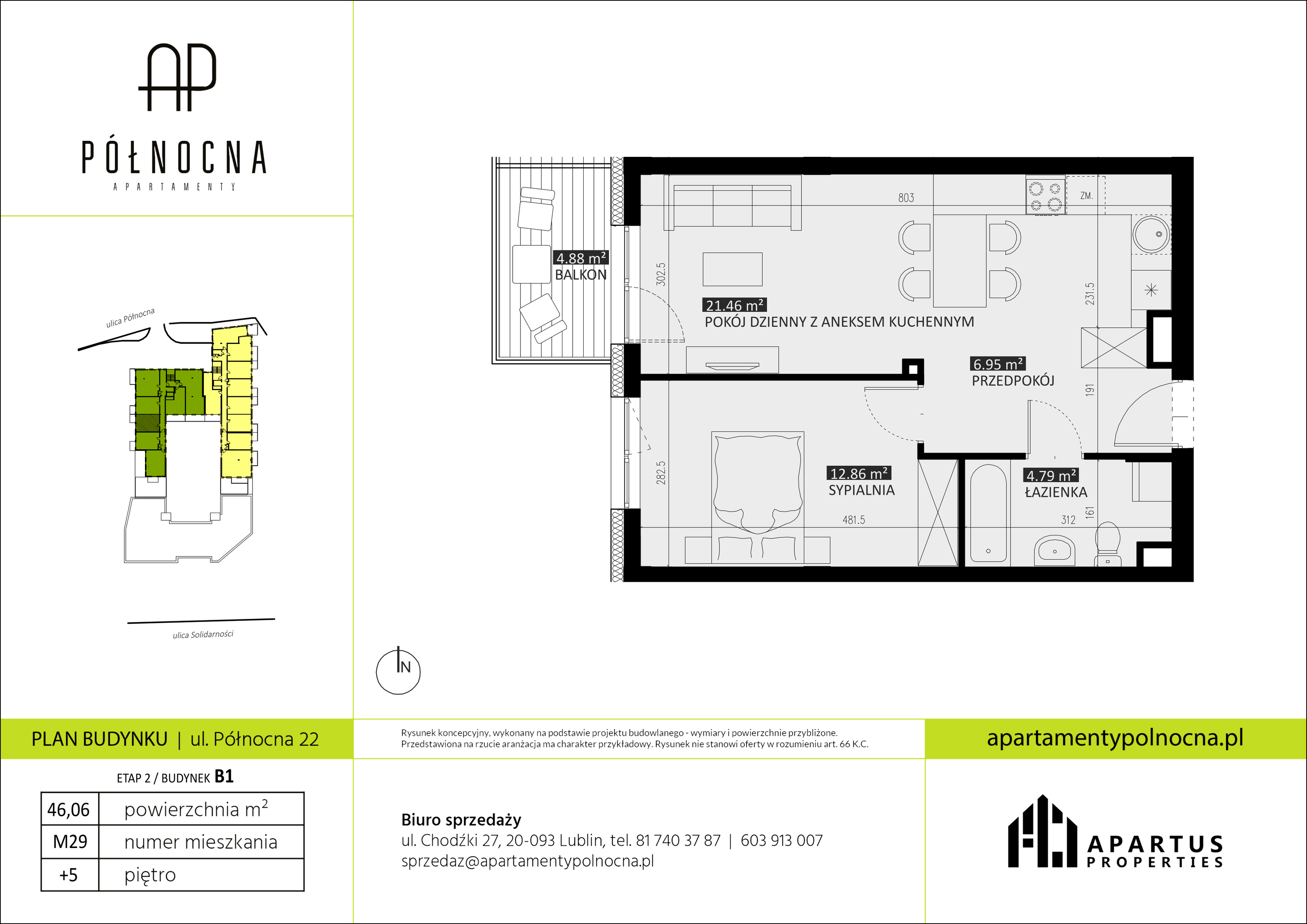 Mieszkanie 46,06 m², piętro 5, oferta nr B1/29, Apartamenty Północna, Lublin, Śródmieście, Śródmieście, ul. Północna 22/24-idx