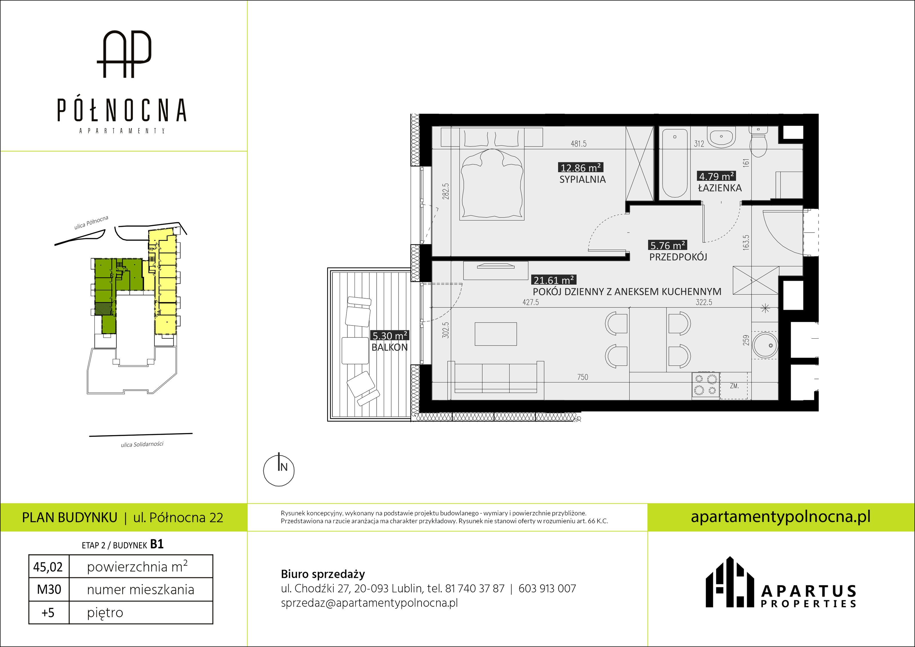 Mieszkanie 45,02 m², piętro 5, oferta nr B1/30, Apartamenty Północna, Lublin, Śródmieście, Śródmieście, ul. Północna 22/24-idx