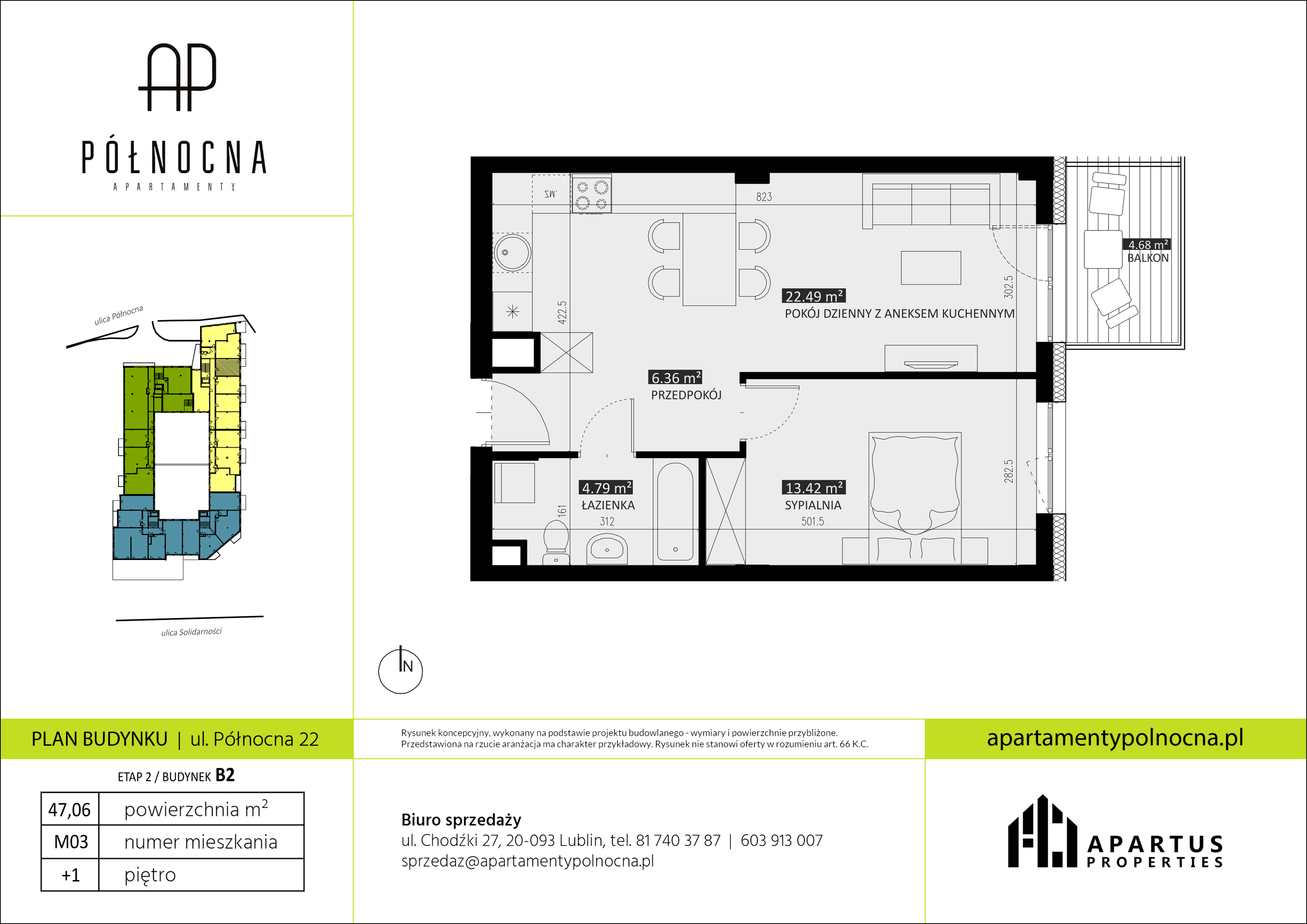 Mieszkanie 47,06 m², piętro 1, oferta nr B2/3, Apartamenty Północna, Lublin, Śródmieście, Śródmieście, ul. Północna 22/24-idx