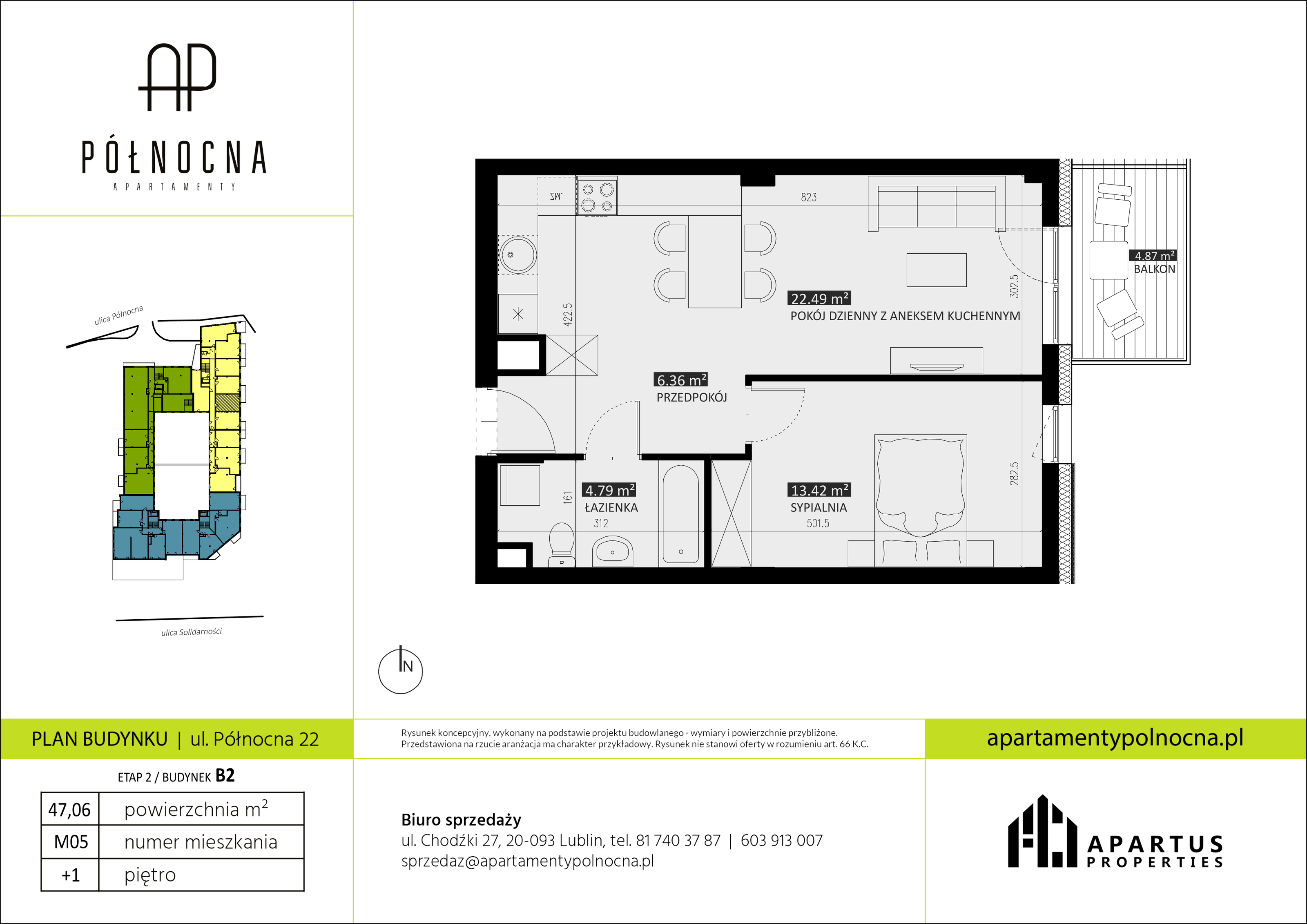 Mieszkanie 47,06 m², piętro 1, oferta nr B2/5, Apartamenty Północna, Lublin, Śródmieście, Śródmieście, ul. Północna 22/24-idx