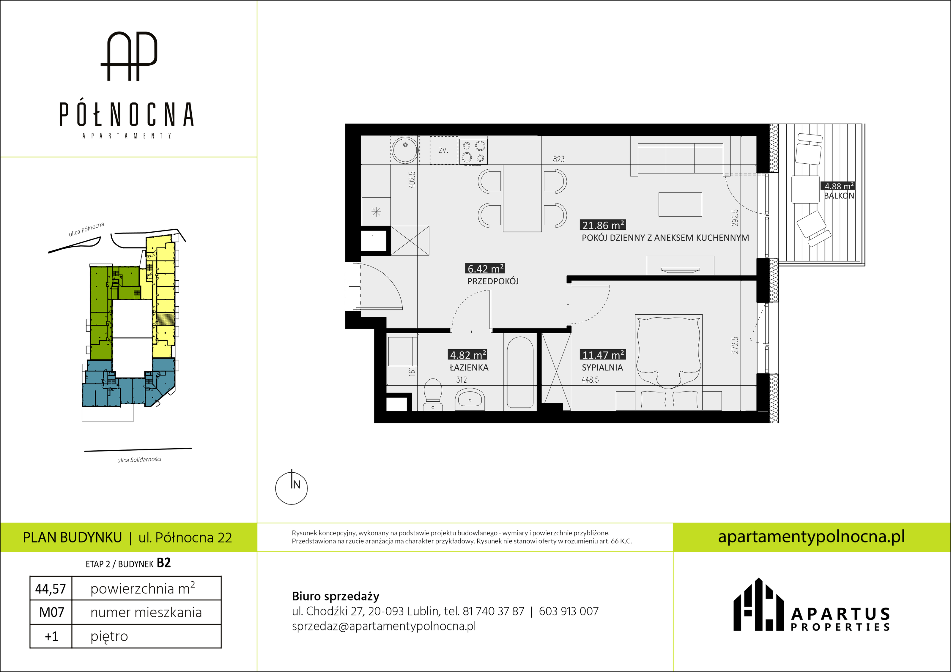 Mieszkanie 44,57 m², piętro 1, oferta nr B2/7, Apartamenty Północna, Lublin, Śródmieście, Śródmieście, ul. Północna 22/24-idx