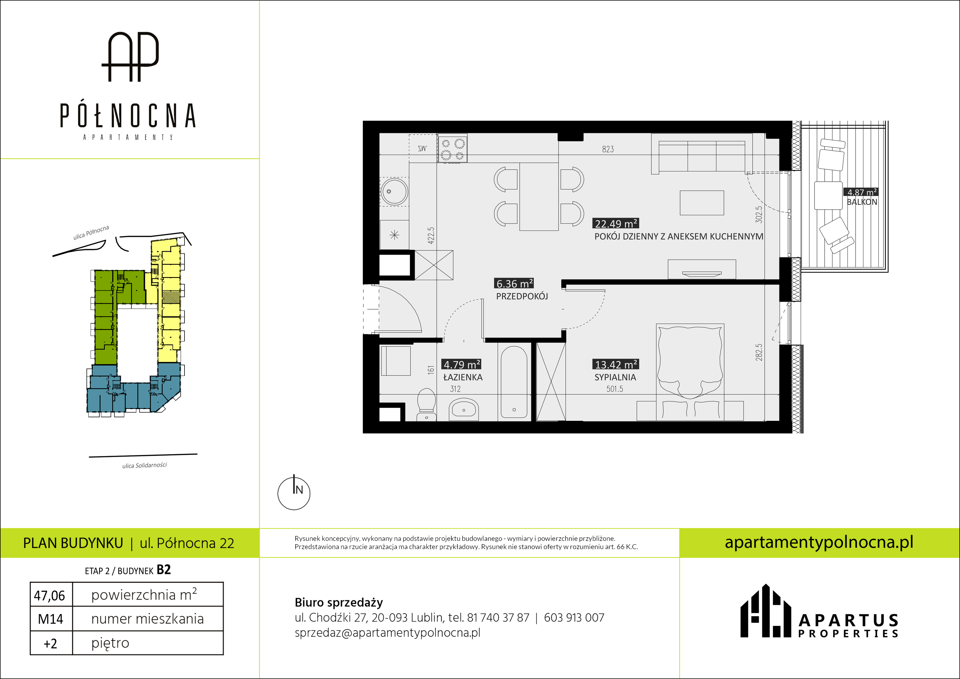 Mieszkanie 47,06 m², piętro 2, oferta nr B2/14, Apartamenty Północna, Lublin, Śródmieście, Śródmieście, ul. Północna 22/24-idx