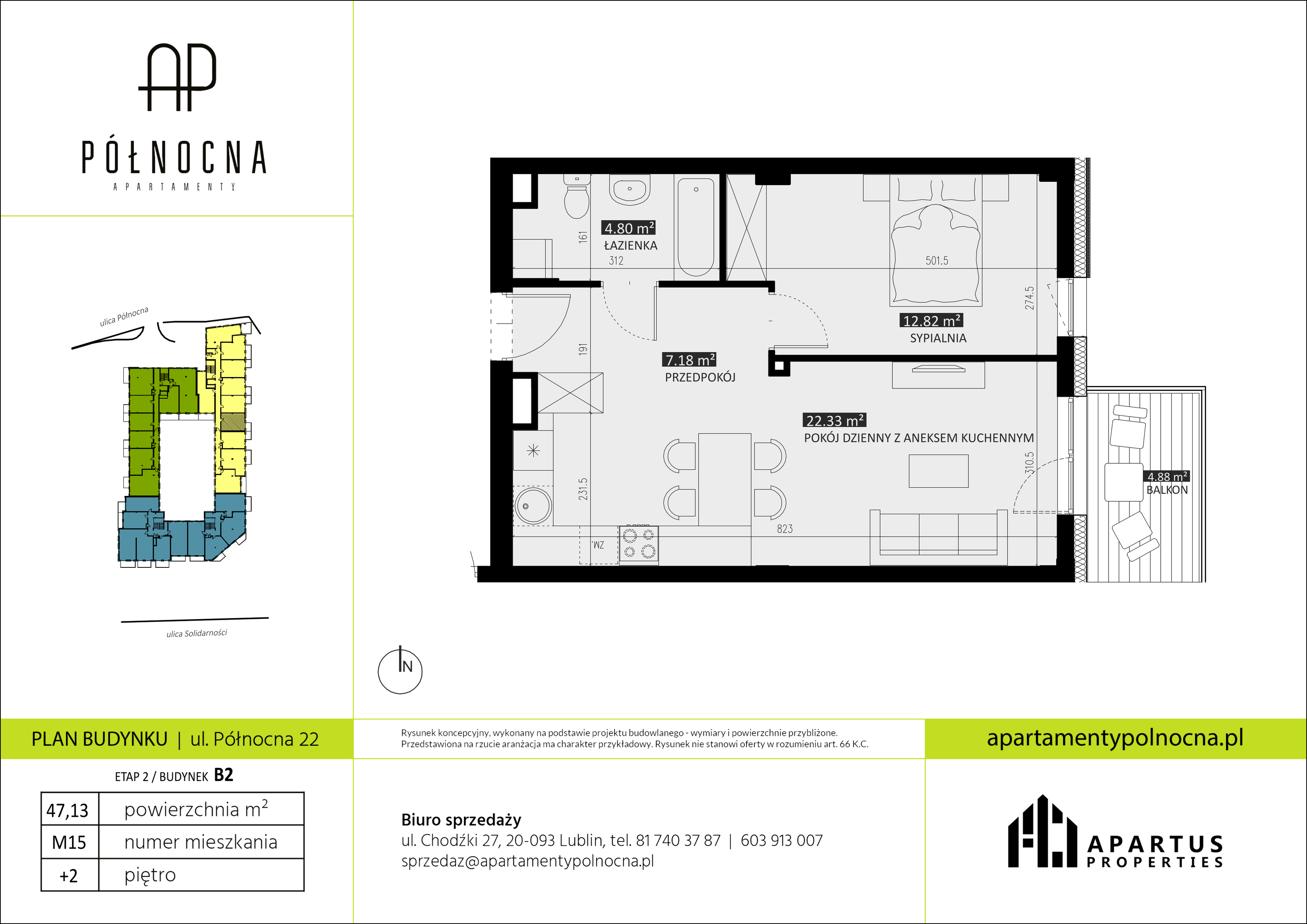 Mieszkanie 47,13 m², piętro 2, oferta nr B2/15, Apartamenty Północna, Lublin, Śródmieście, Śródmieście, ul. Północna 22/24-idx