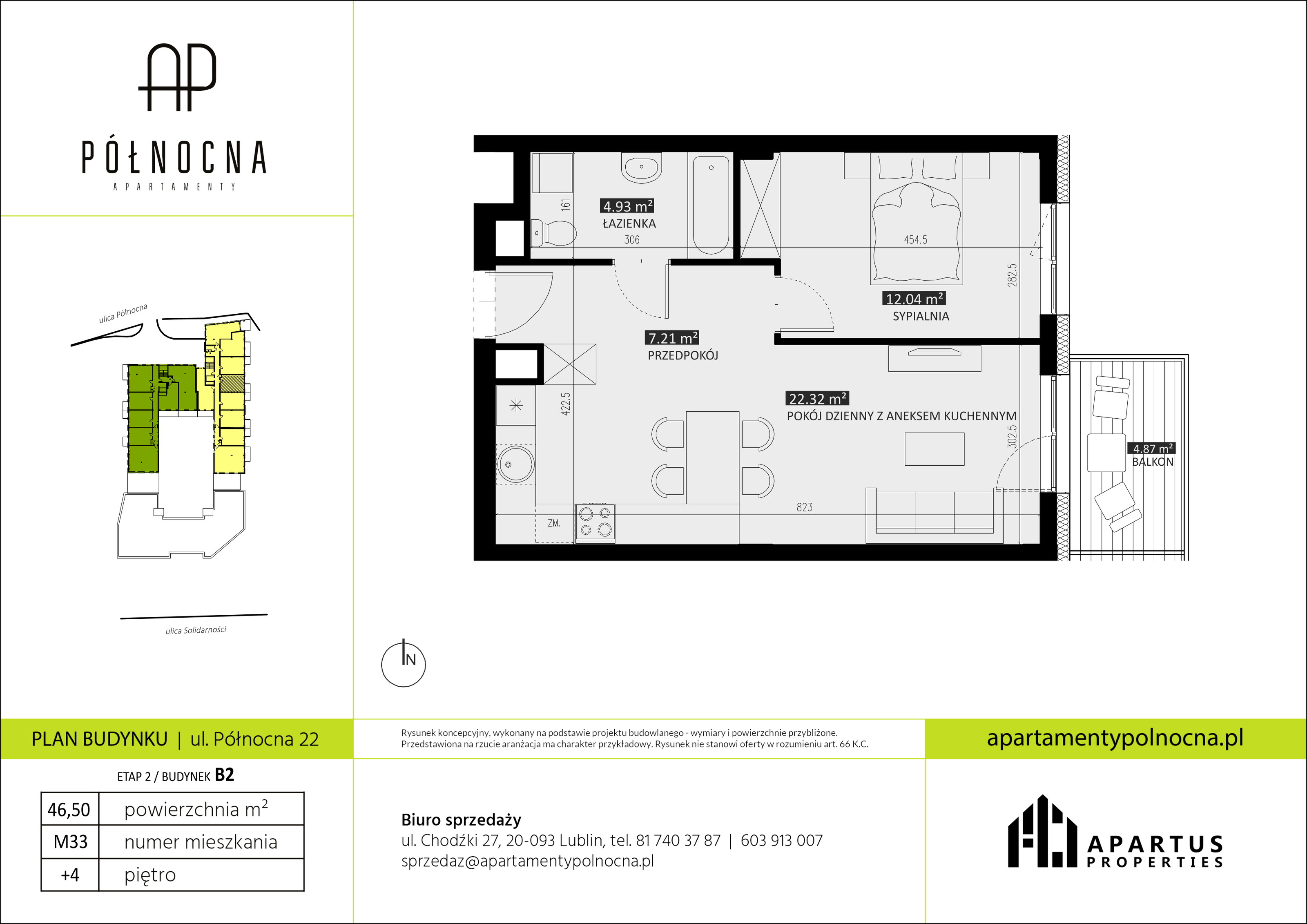 Mieszkanie 46,50 m², piętro 4, oferta nr B2/33, Apartamenty Północna, Lublin, Śródmieście, Śródmieście, ul. Północna 22/24-idx