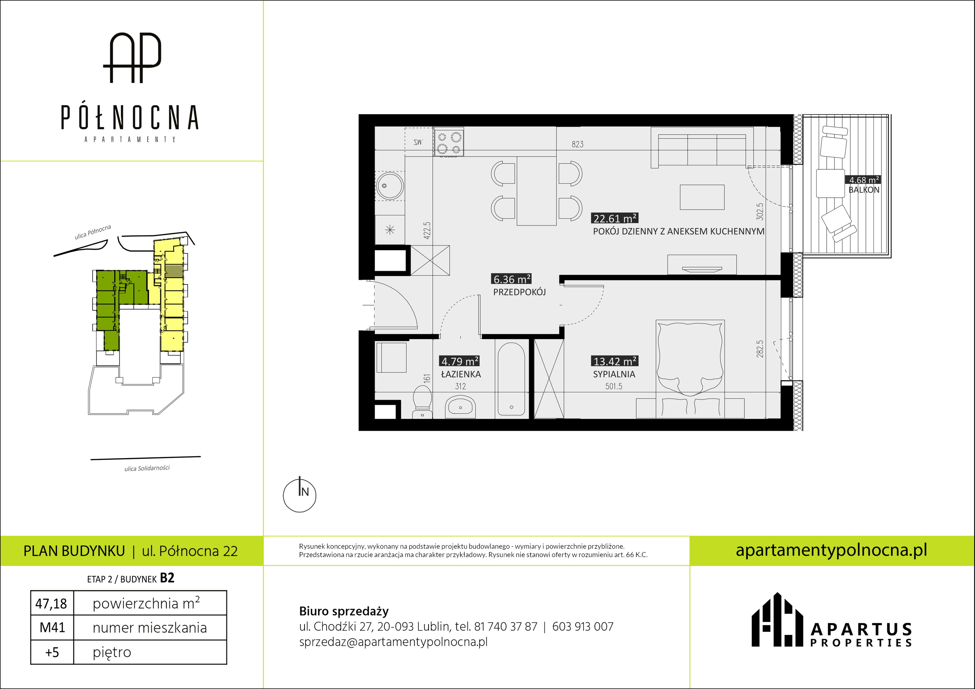 Mieszkanie 47,18 m², piętro 5, oferta nr B2/41, Apartamenty Północna, Lublin, Śródmieście, Śródmieście, ul. Północna 22/24-idx