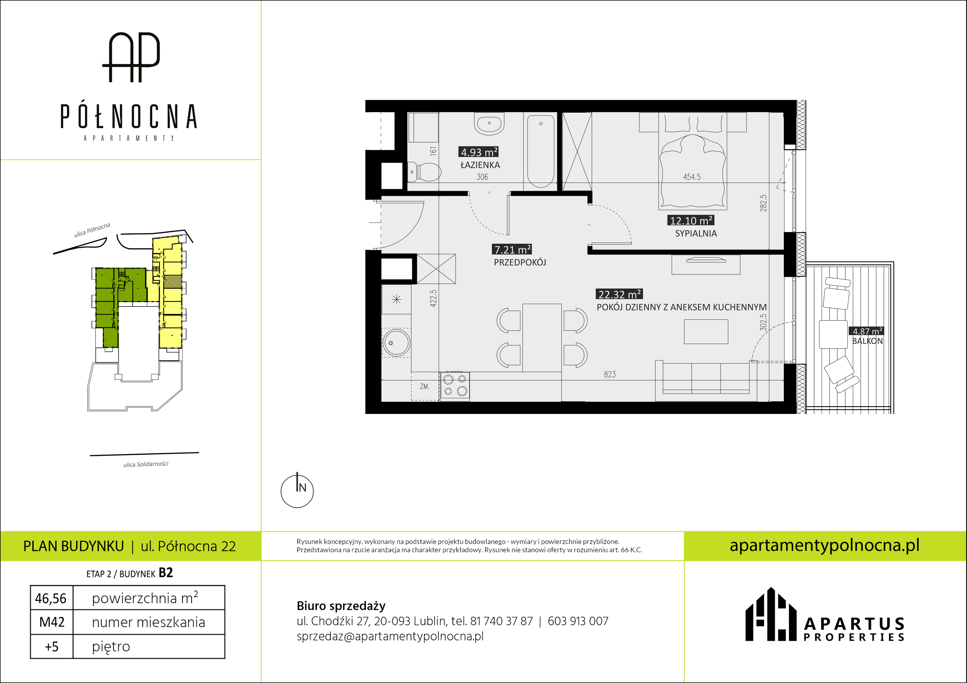 Mieszkanie 46,56 m², piętro 5, oferta nr B2/42, Apartamenty Północna, Lublin, Śródmieście, Śródmieście, ul. Północna 22/24-idx