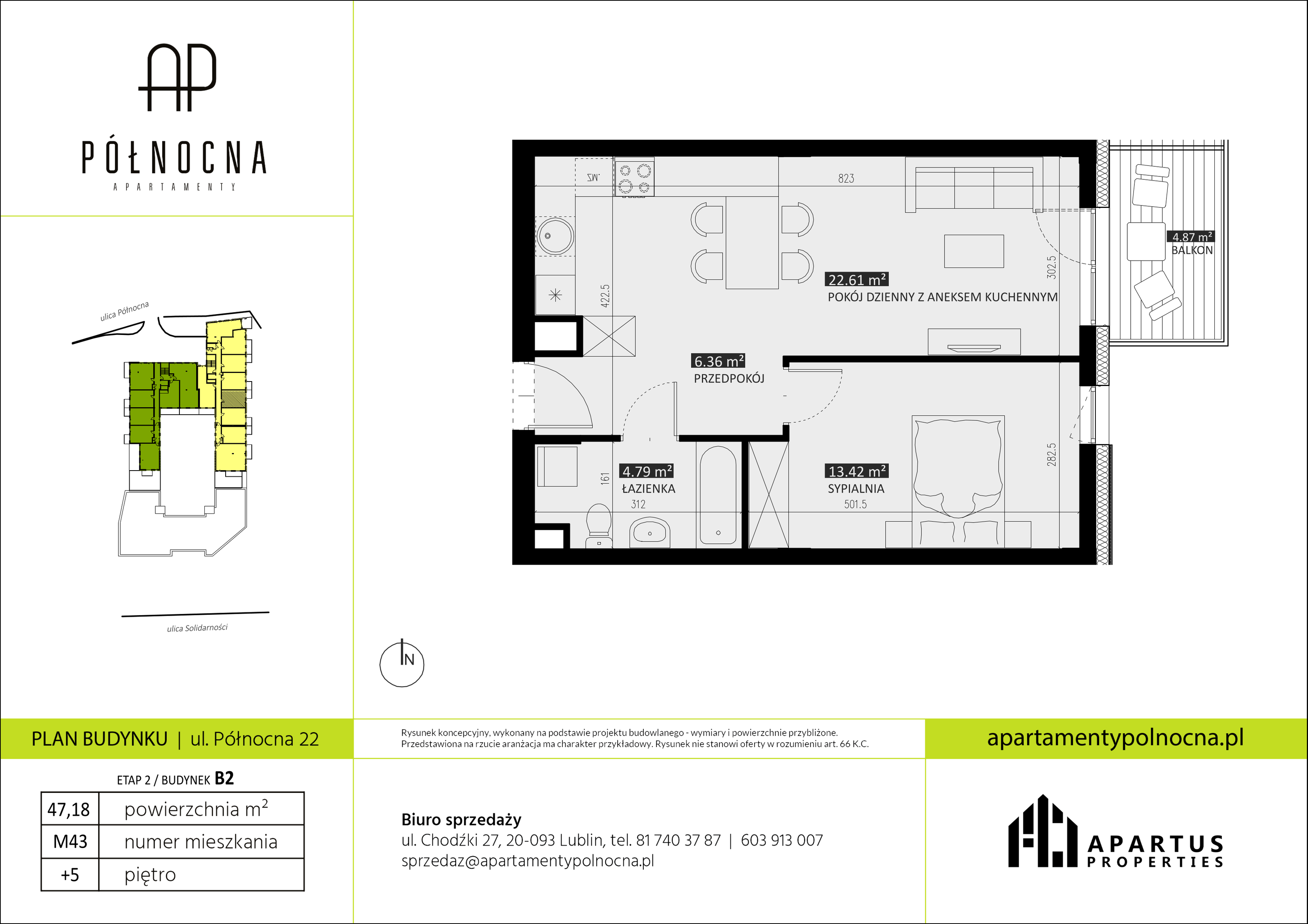 Mieszkanie 47,18 m², piętro 5, oferta nr B2/43, Apartamenty Północna, Lublin, Śródmieście, Śródmieście, ul. Północna 22/24-idx