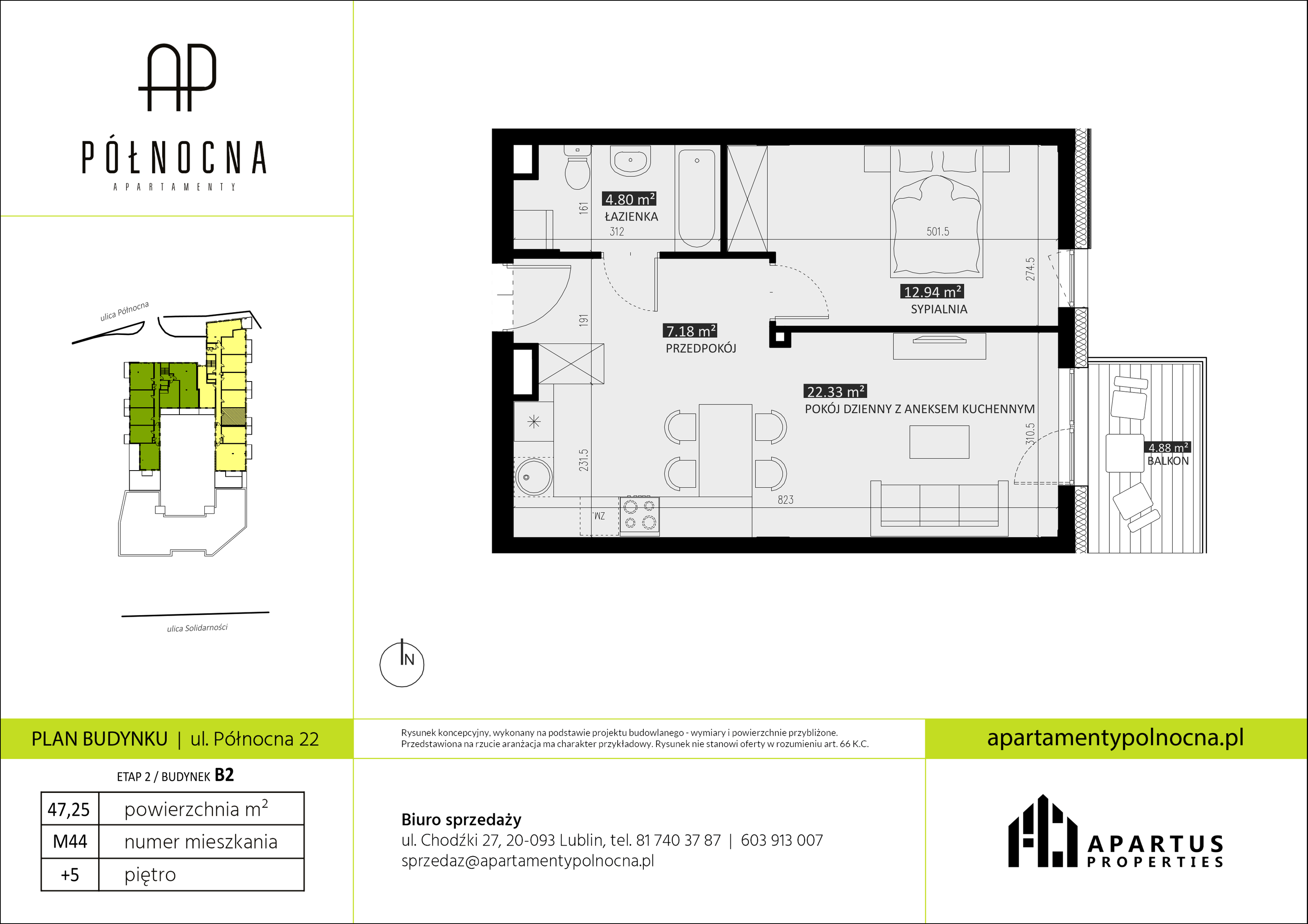 Mieszkanie 47,25 m², piętro 5, oferta nr B2/44, Apartamenty Północna, Lublin, Śródmieście, Śródmieście, ul. Północna 22/24-idx