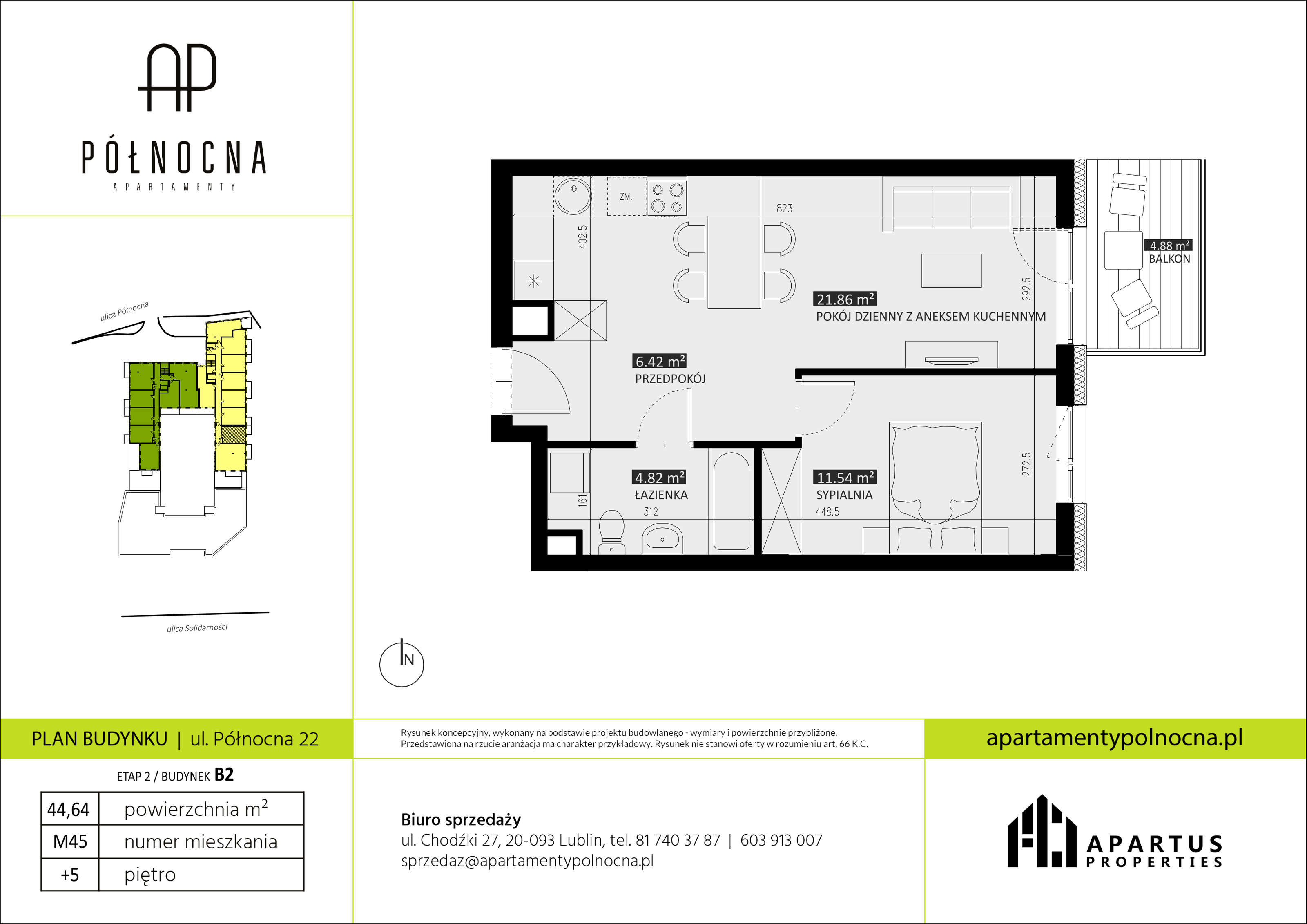 Mieszkanie 44,64 m², piętro 5, oferta nr B2/45, Apartamenty Północna, Lublin, Śródmieście, Śródmieście, ul. Północna 22/24-idx