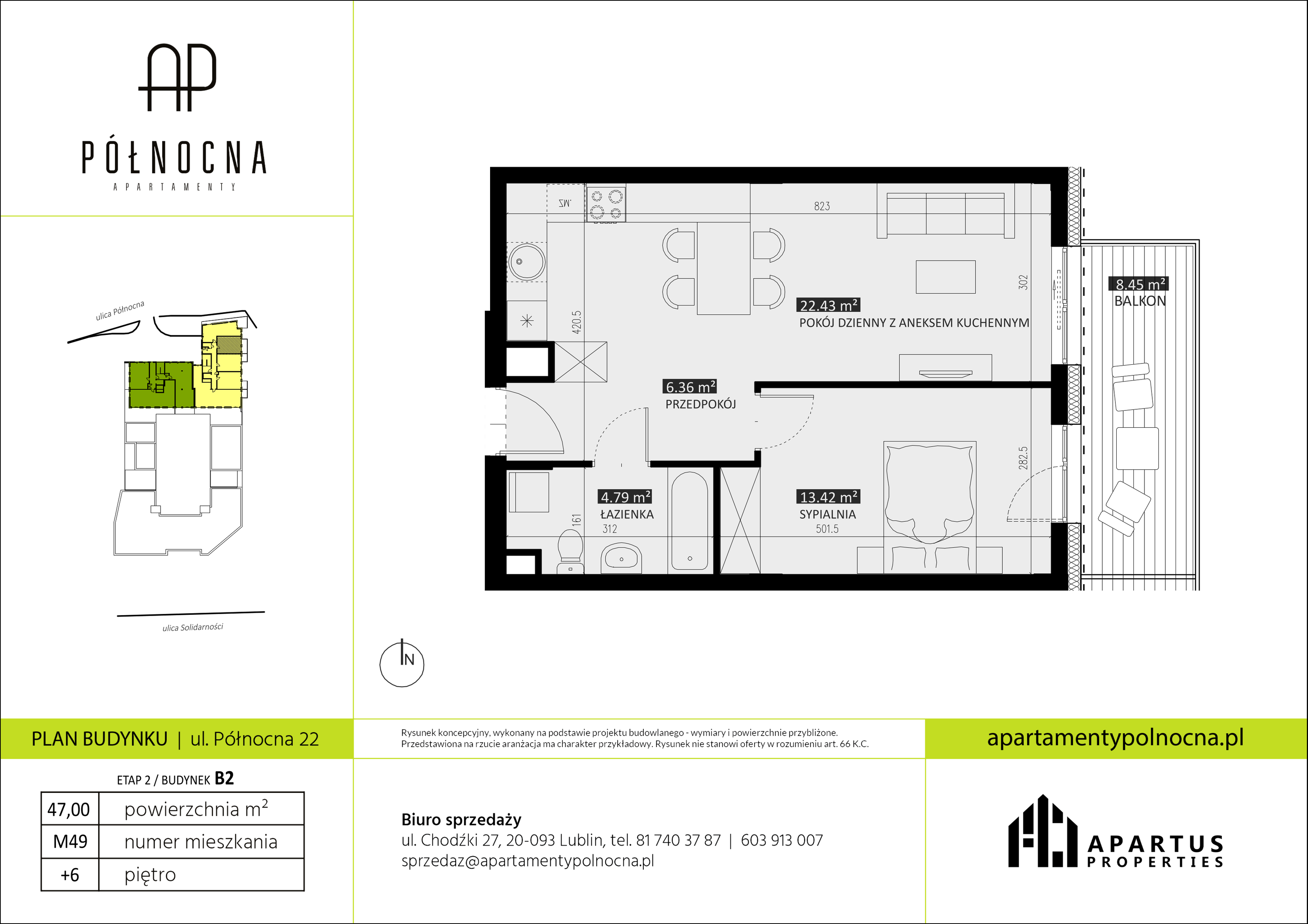 Mieszkanie 47,00 m², piętro 6, oferta nr B2/49, Apartamenty Północna, Lublin, Śródmieście, Śródmieście, ul. Północna 22/24-idx