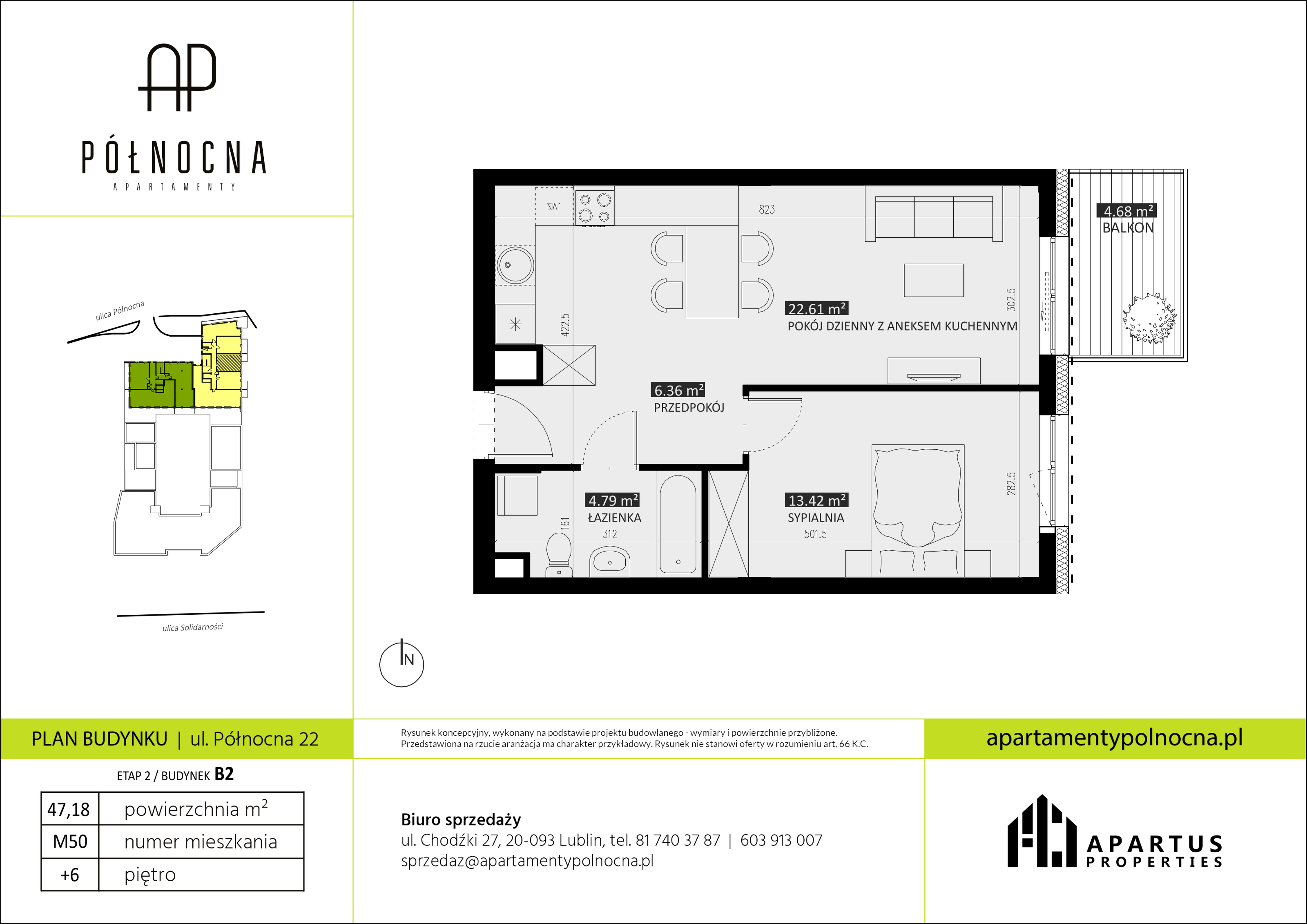 Mieszkanie 47,18 m², piętro 6, oferta nr B2/50, Apartamenty Północna, Lublin, Śródmieście, Śródmieście, ul. Północna 22/24-idx