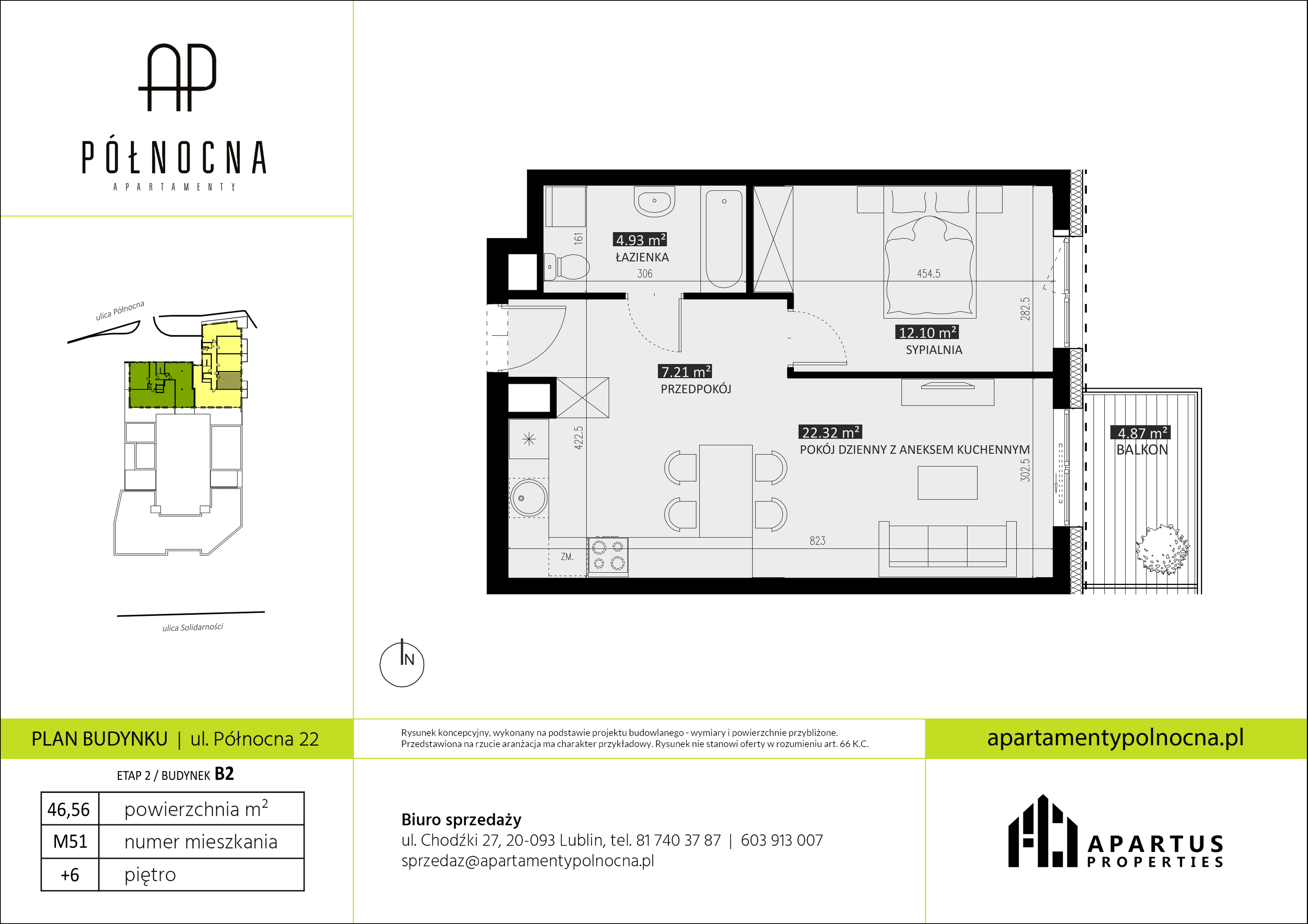 Mieszkanie 46,56 m², piętro 6, oferta nr B2/51, Apartamenty Północna, Lublin, Śródmieście, Śródmieście, ul. Północna 22/24-idx