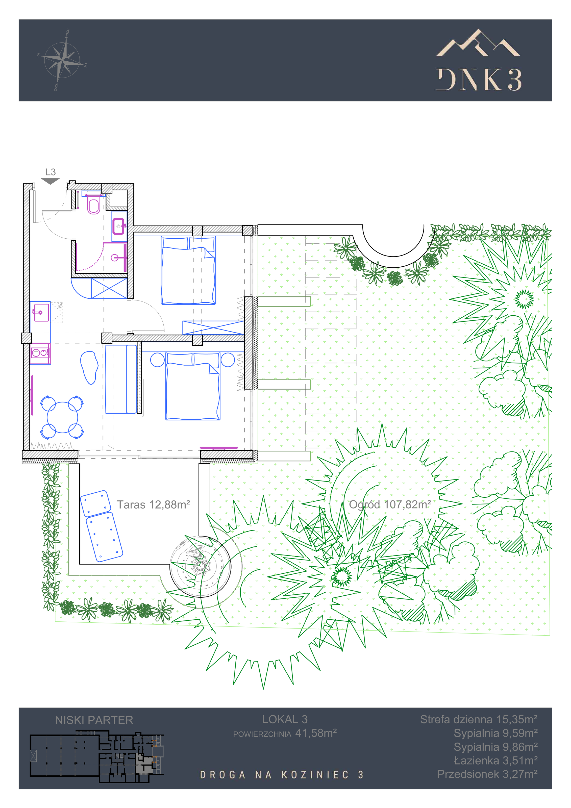 Apartament 41,58 m², parter, oferta nr L3, Apartamenty DNK3, Zakopane, Koziniec, ul. Droga Na Koziniec 3-idx