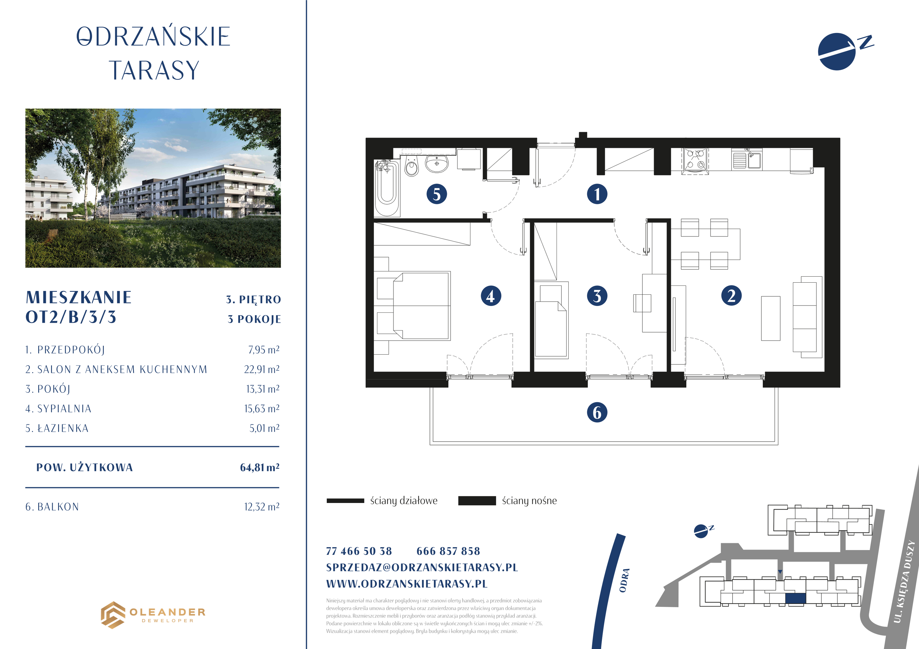 Mieszkanie 64,81 m², piętro 3, oferta nr OT2/B/3/3, Odrzańskie Tarasy, Krapkowice, ul. Ks. Franciszka Duszy-idx