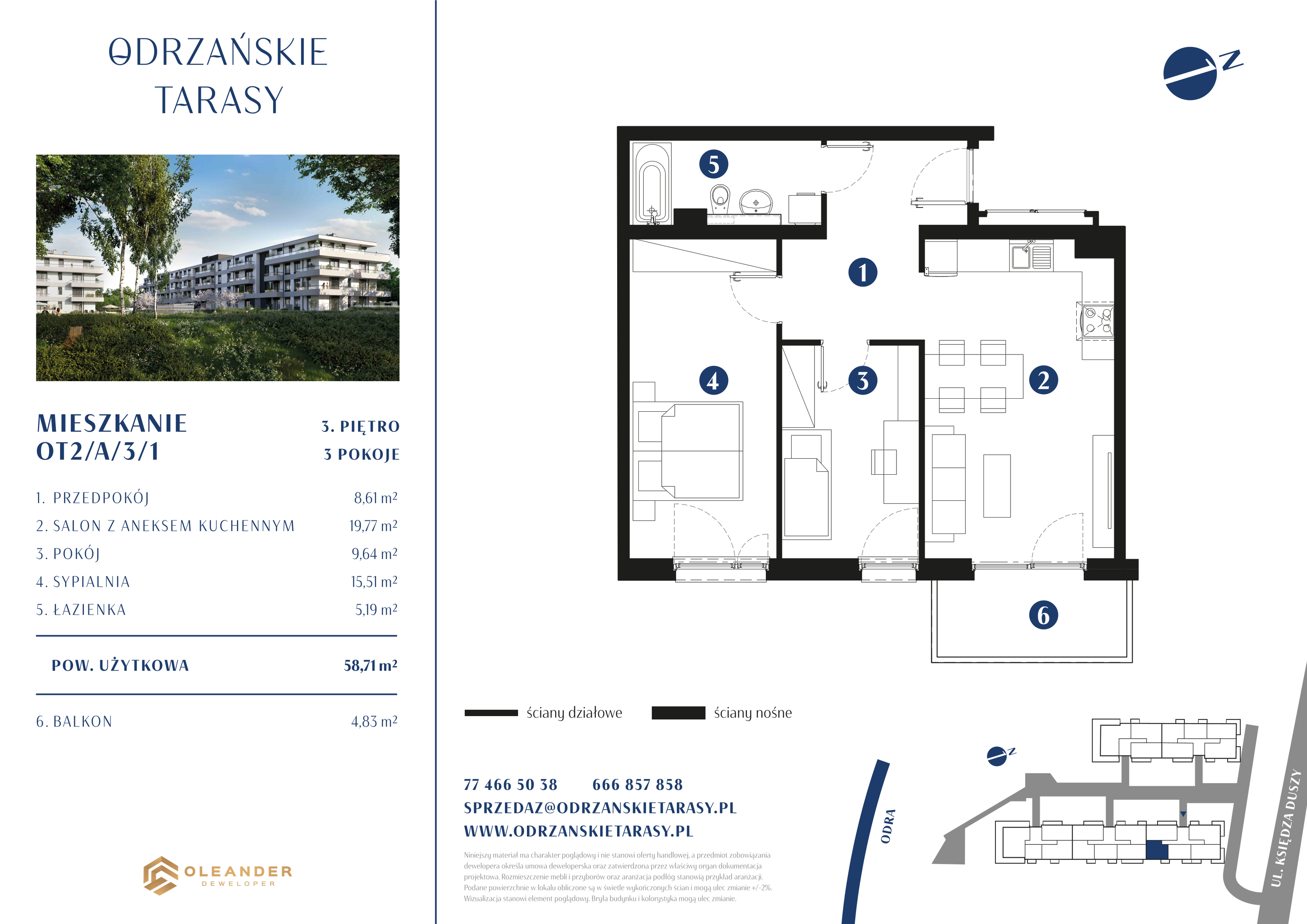 Mieszkanie 59,05 m², piętro 3, oferta nr OT2/A/3/1, Odrzańskie Tarasy, Krapkowice, ul. Ks. Franciszka Duszy-idx