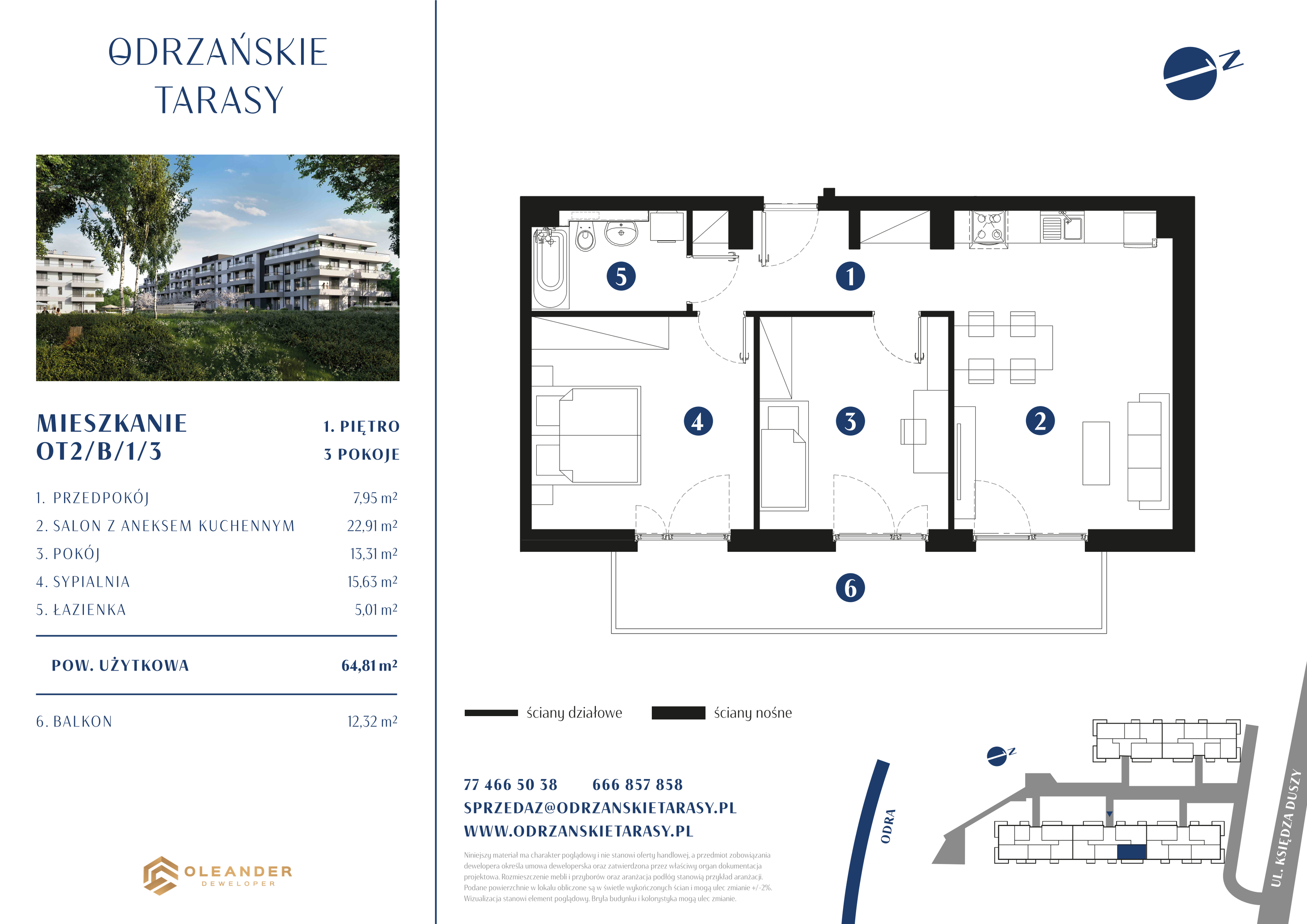 Mieszkanie 64,74 m², piętro 1, oferta nr OT2/B/1/3, Odrzańskie Tarasy, Krapkowice, ul. Ks. Franciszka Duszy-idx