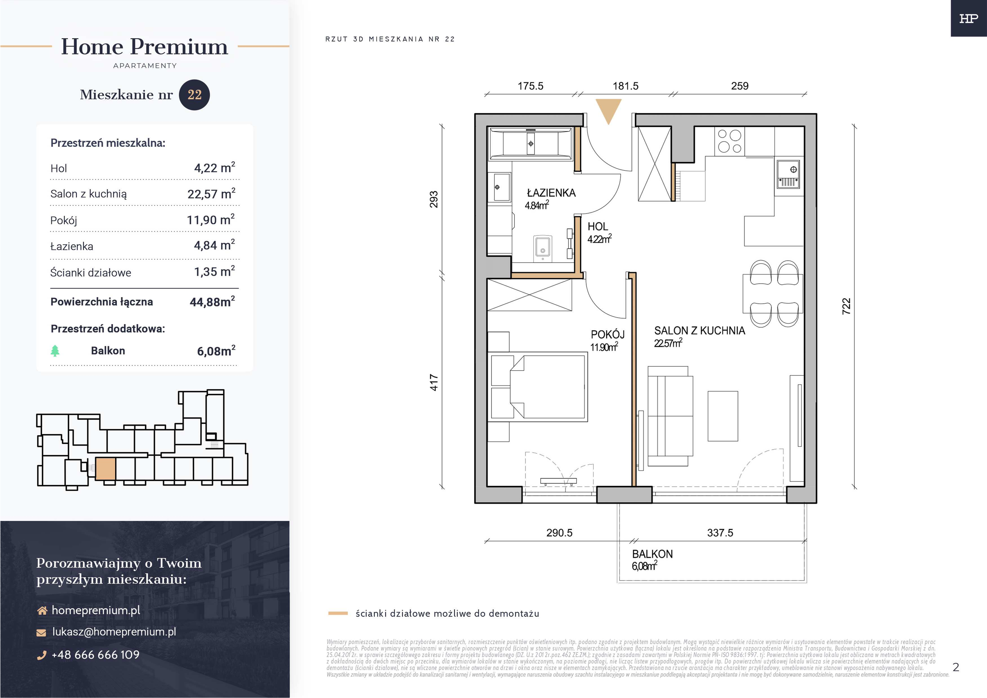 Mieszkanie 44,88 m², piętro 1, oferta nr 22, Apartamenty Home Premium, Ożarów Mazowiecki, ul. Piłsudskiego 6-idx