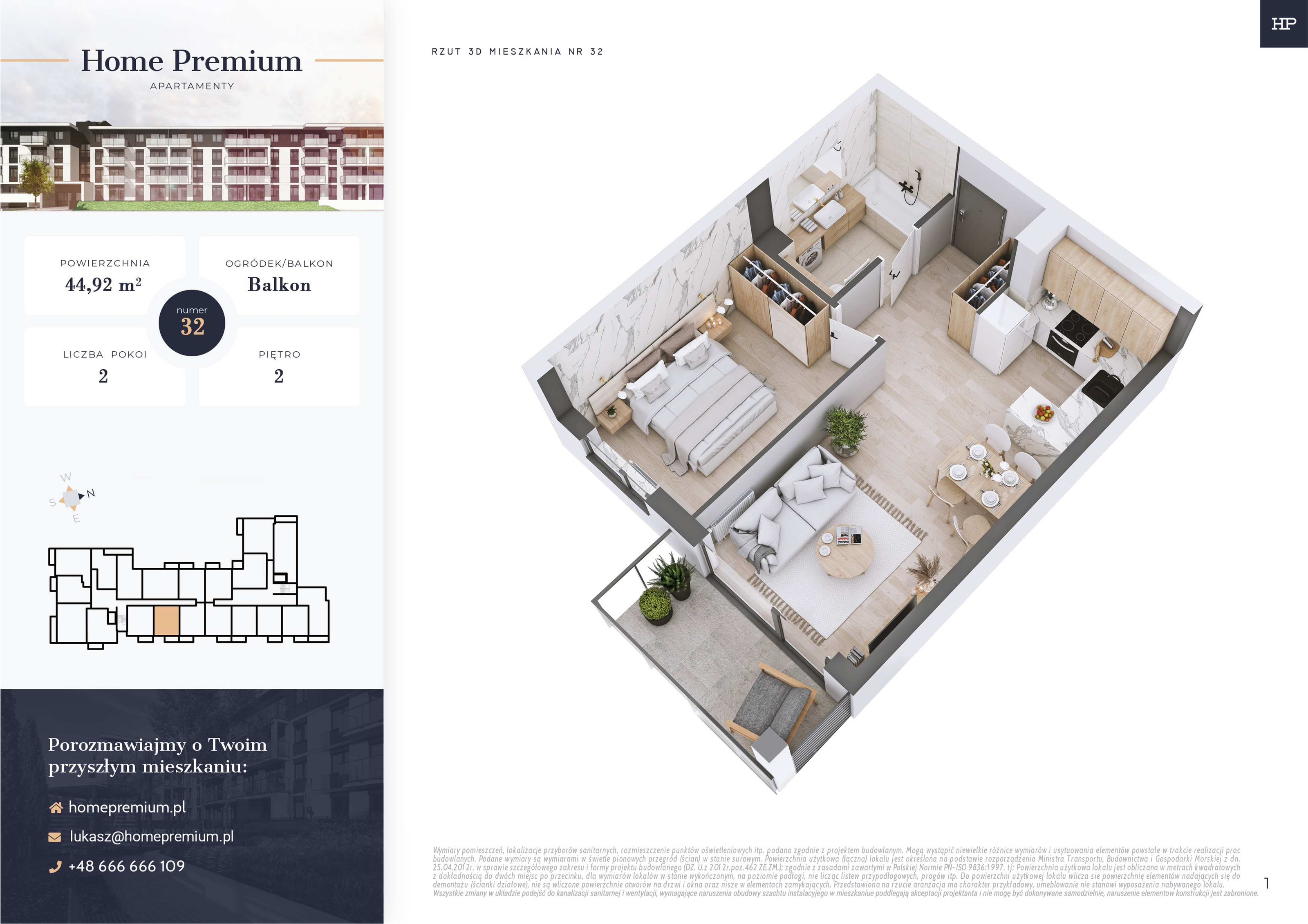 Mieszkanie 44,92 m², piętro 2, oferta nr 32, Apartamenty Home Premium, Ożarów Mazowiecki, ul. Piłsudskiego 6-idx