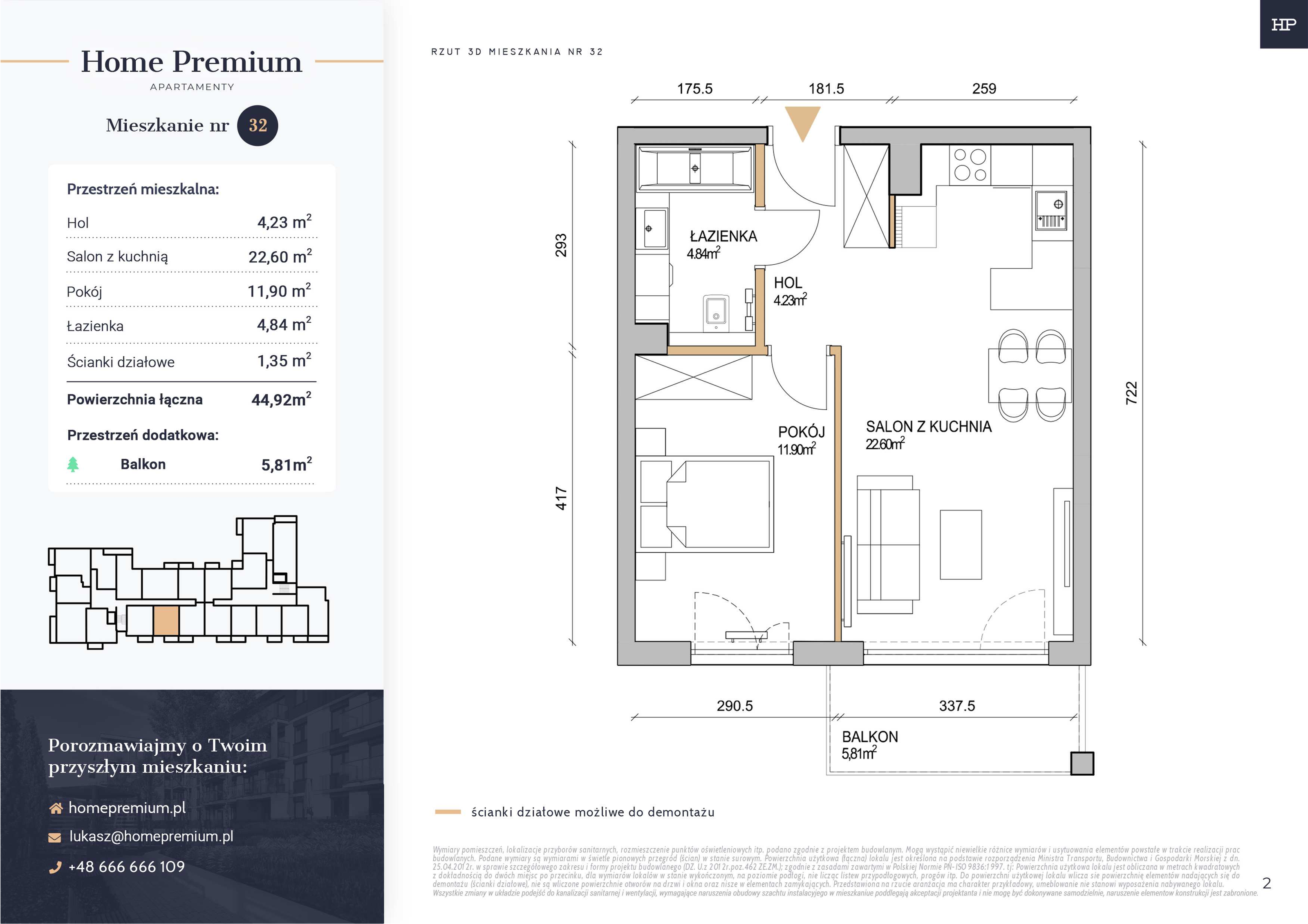 Mieszkanie 44,92 m², piętro 2, oferta nr 32, Apartamenty Home Premium, Ożarów Mazowiecki, ul. Piłsudskiego 6-idx