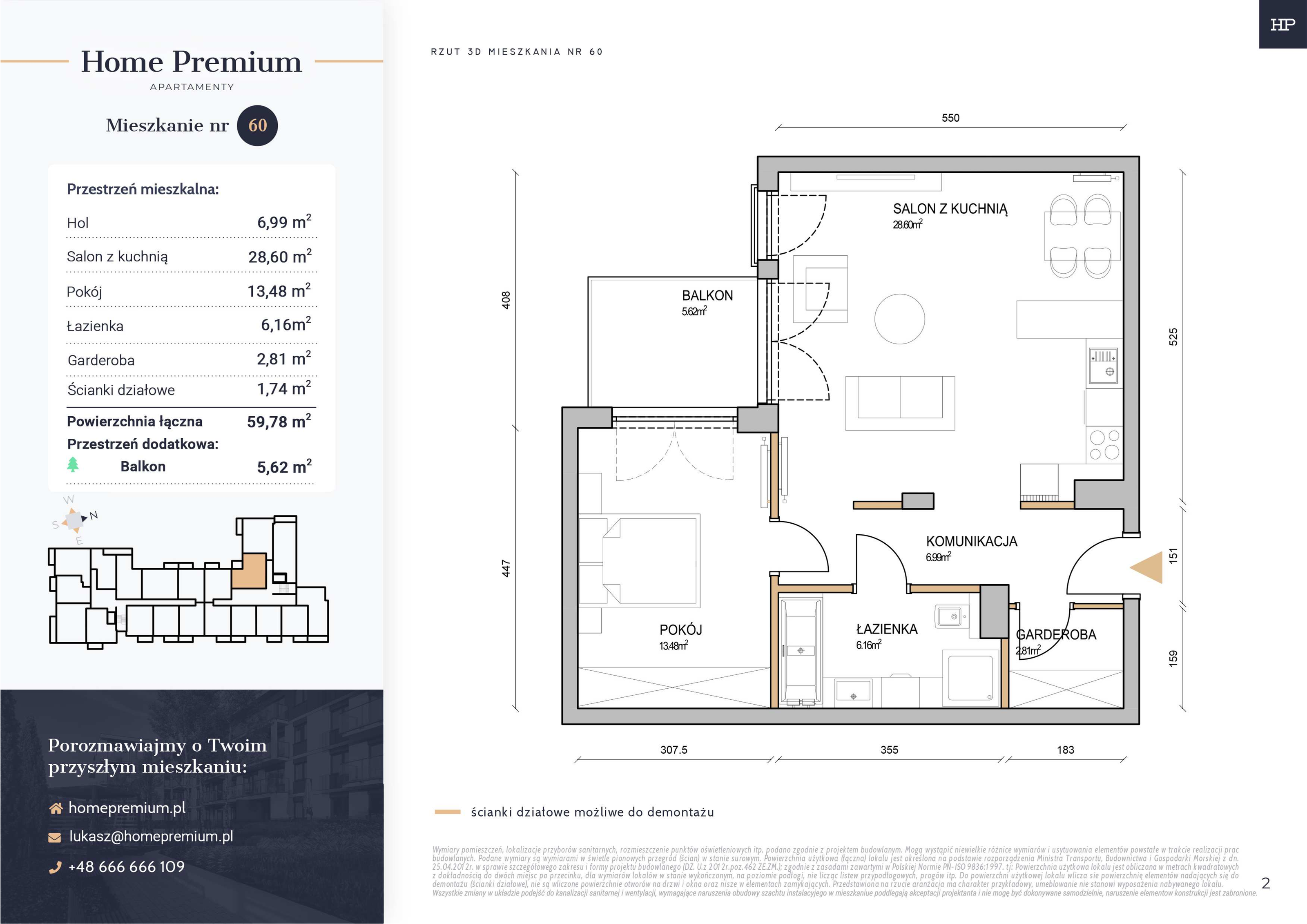 Mieszkanie 59,78 m², piętro 1, oferta nr 60, Apartamenty Home Premium, Ożarów Mazowiecki, ul. Piłsudskiego 6-idx