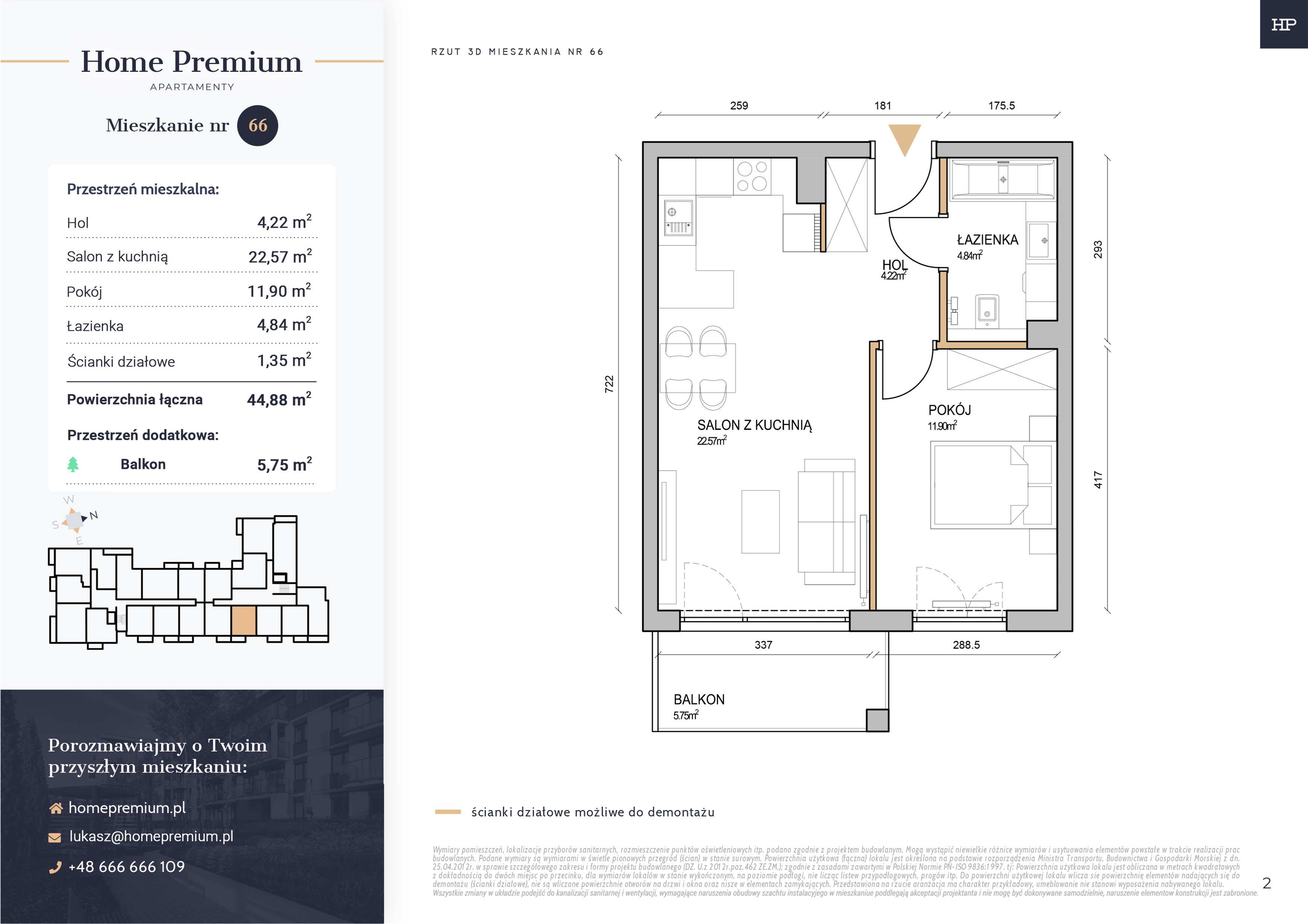 Mieszkanie 44,88 m², piętro 2, oferta nr 66, Apartamenty Home Premium, Ożarów Mazowiecki, ul. Piłsudskiego 6-idx