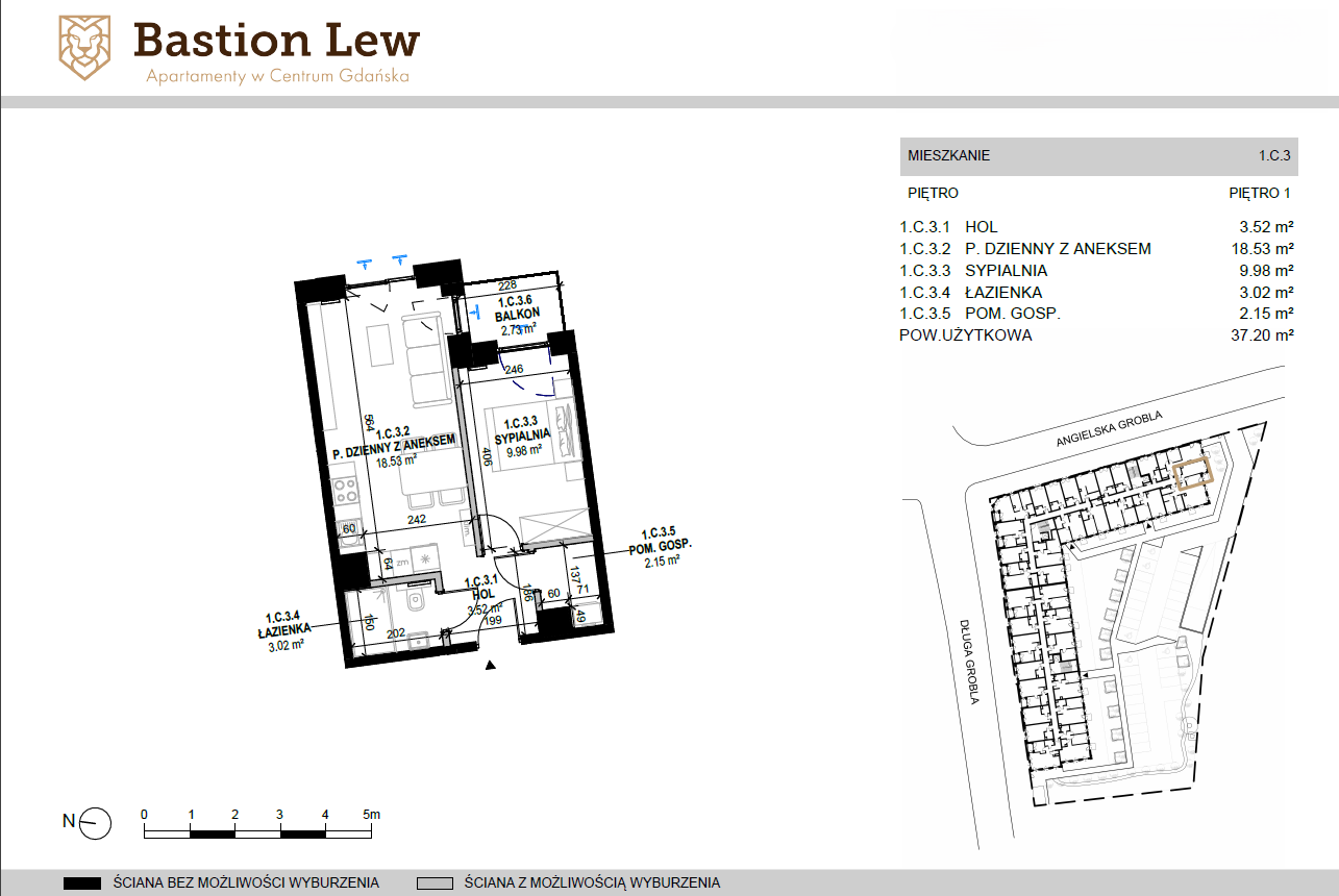 Mieszkanie 37,20 m², piętro 1, oferta nr 1.C3, Bastion Lew, Gdańsk, Śródmieście, ul. Angielska Grobla/Długa Grobla-idx
