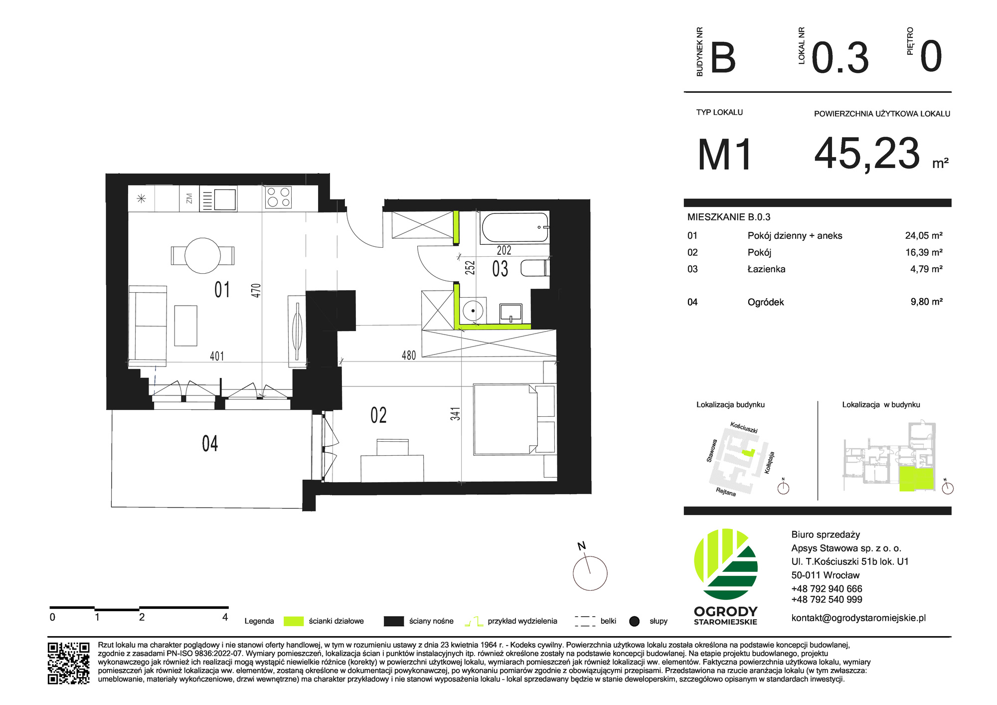 Mieszkanie 45,23 m², parter, oferta nr B.0.3, Ogrody Staromiejskie, Wrocław, Przedmieście Świdnickie, ul. Stawowa 10-idx