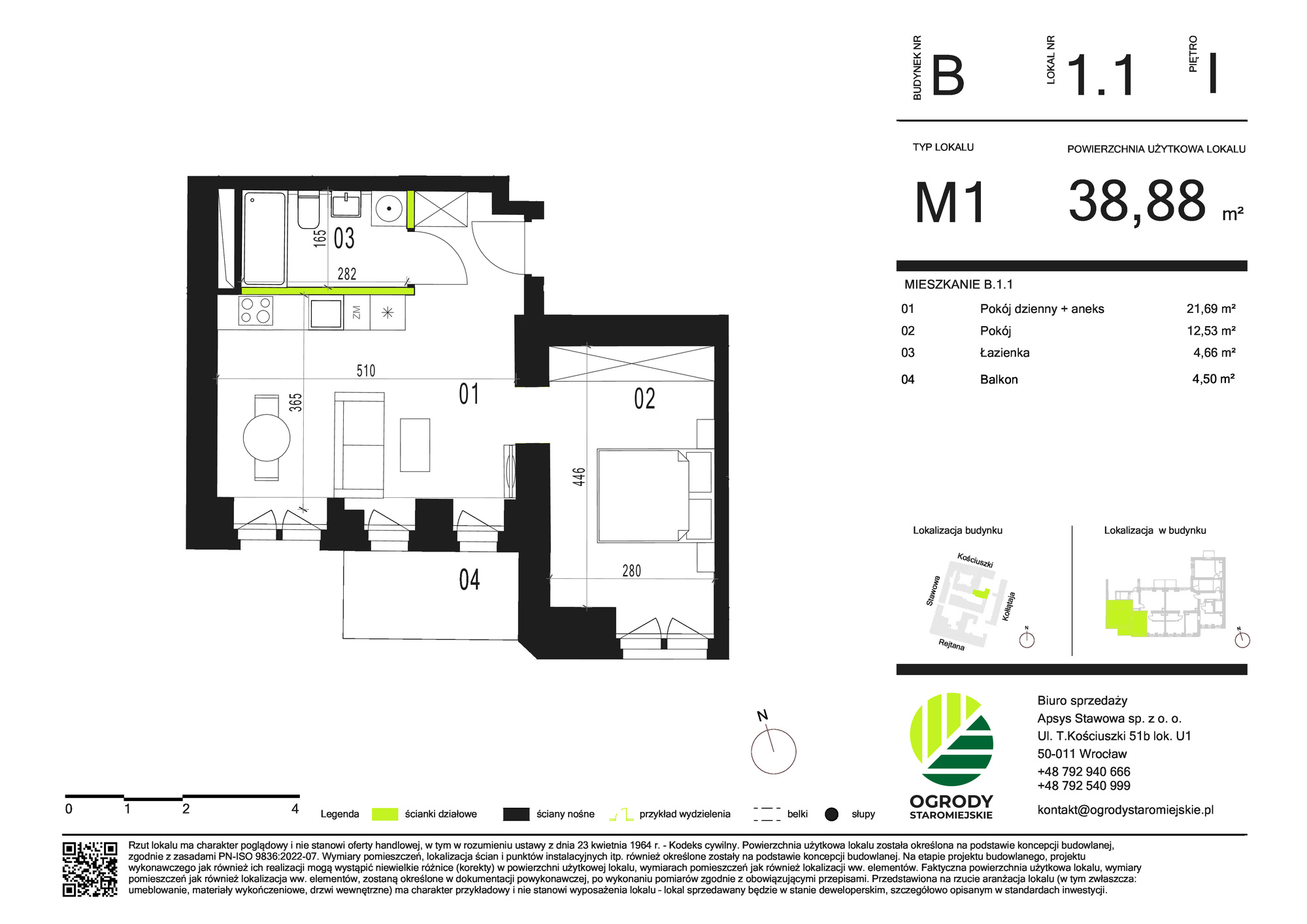 Mieszkanie 38,88 m², piętro 1, oferta nr B.1.1, Ogrody Staromiejskie, Wrocław, Przedmieście Świdnickie, ul. Stawowa 10-idx