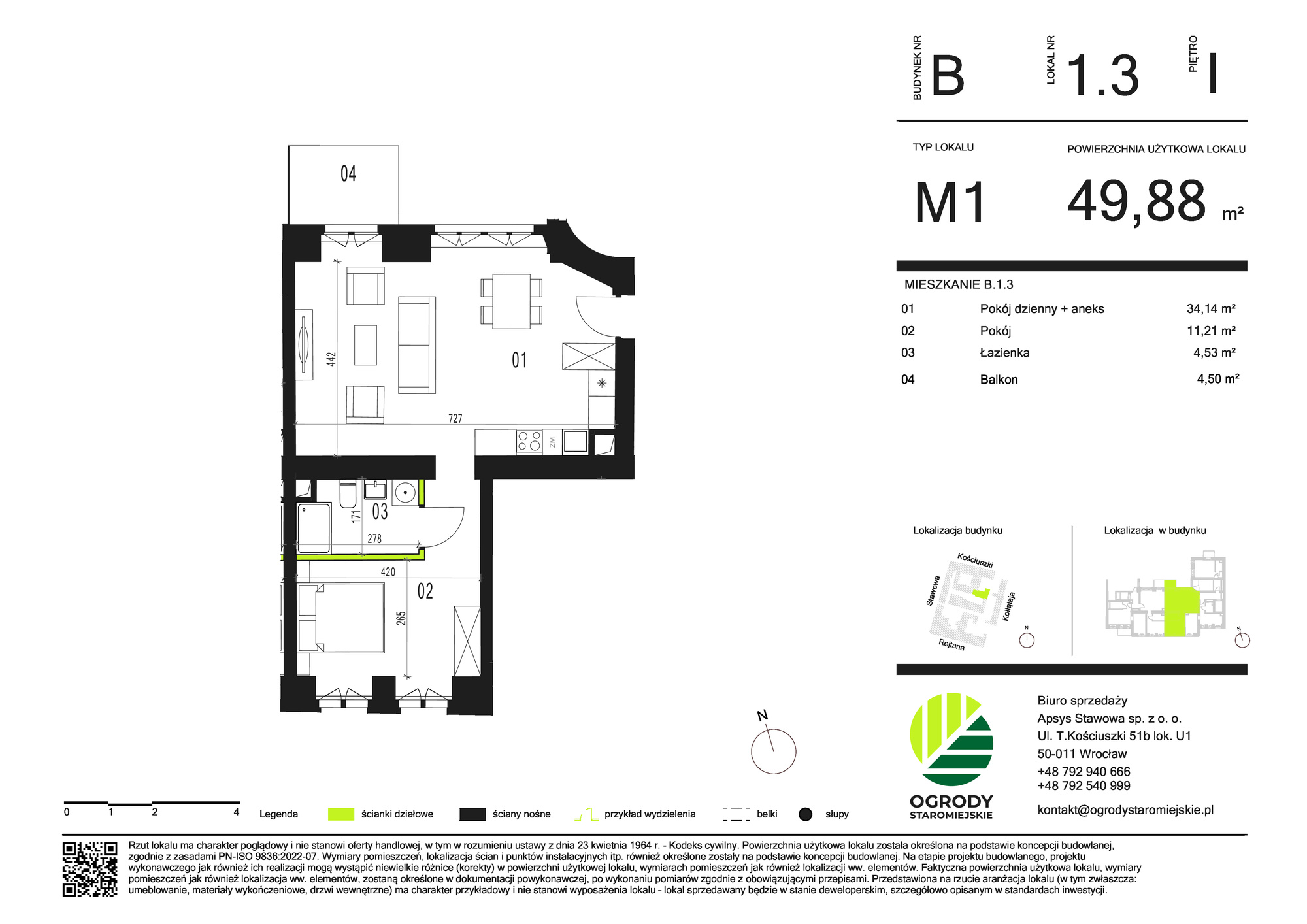 Mieszkanie 49,88 m², piętro 1, oferta nr B.1.3, Ogrody Staromiejskie, Wrocław, Przedmieście Świdnickie, ul. Stawowa 10-idx