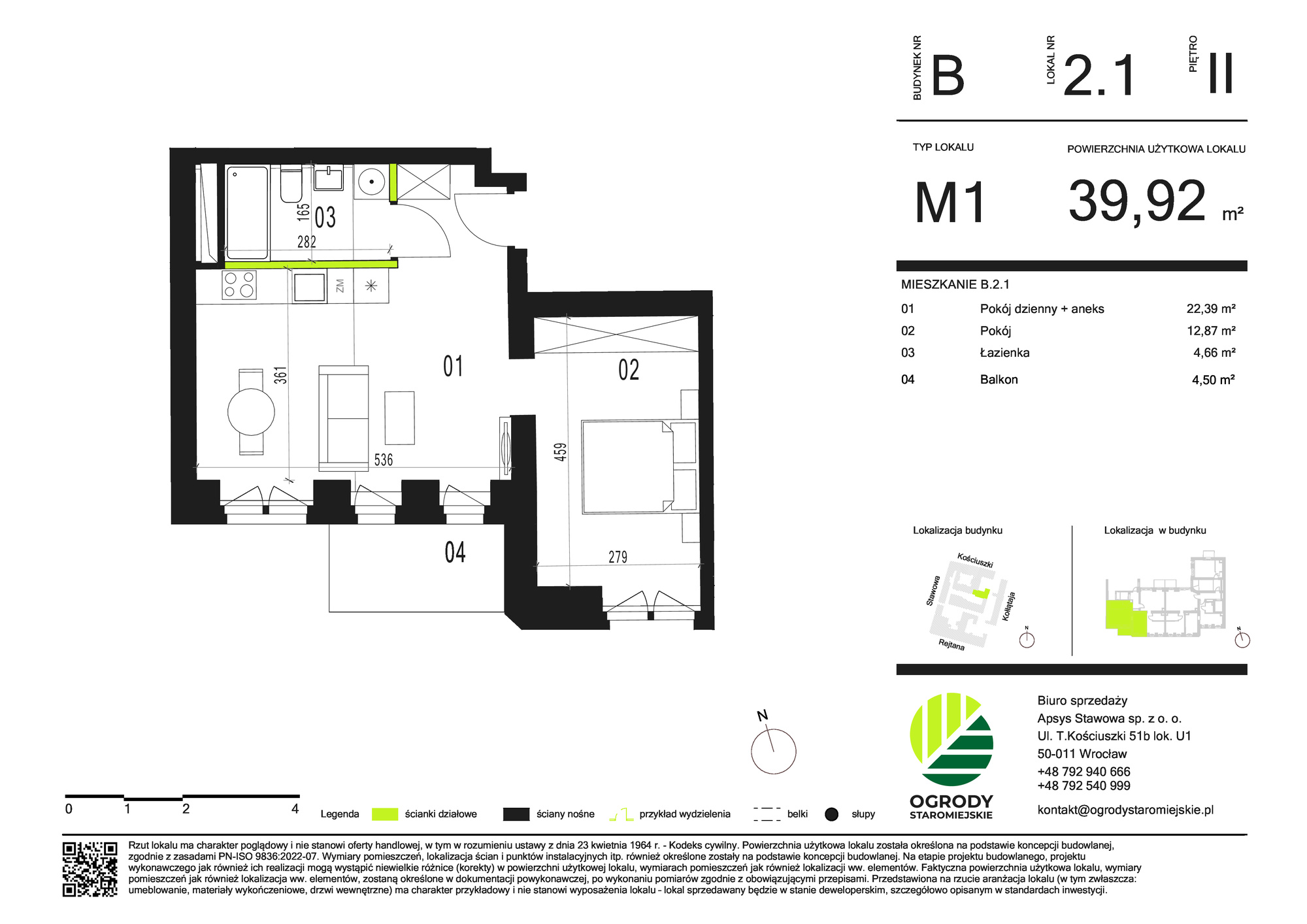 Mieszkanie 39,92 m², piętro 2, oferta nr B.2.1, Ogrody Staromiejskie, Wrocław, Przedmieście Świdnickie, ul. Stawowa 10-idx