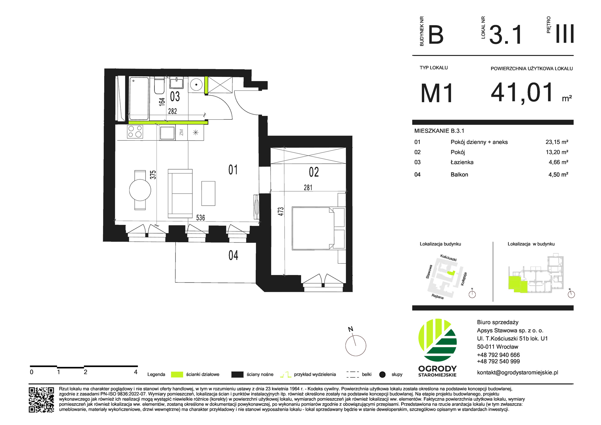 Mieszkanie 41,01 m², piętro 3, oferta nr B.3.1, Ogrody Staromiejskie, Wrocław, Przedmieście Świdnickie, ul. Stawowa 10-idx