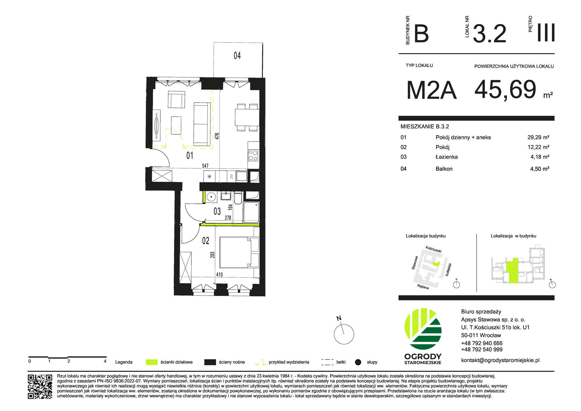 Mieszkanie 45,69 m², piętro 3, oferta nr B.3.2, Ogrody Staromiejskie, Wrocław, Przedmieście Świdnickie, ul. Stawowa 10-idx