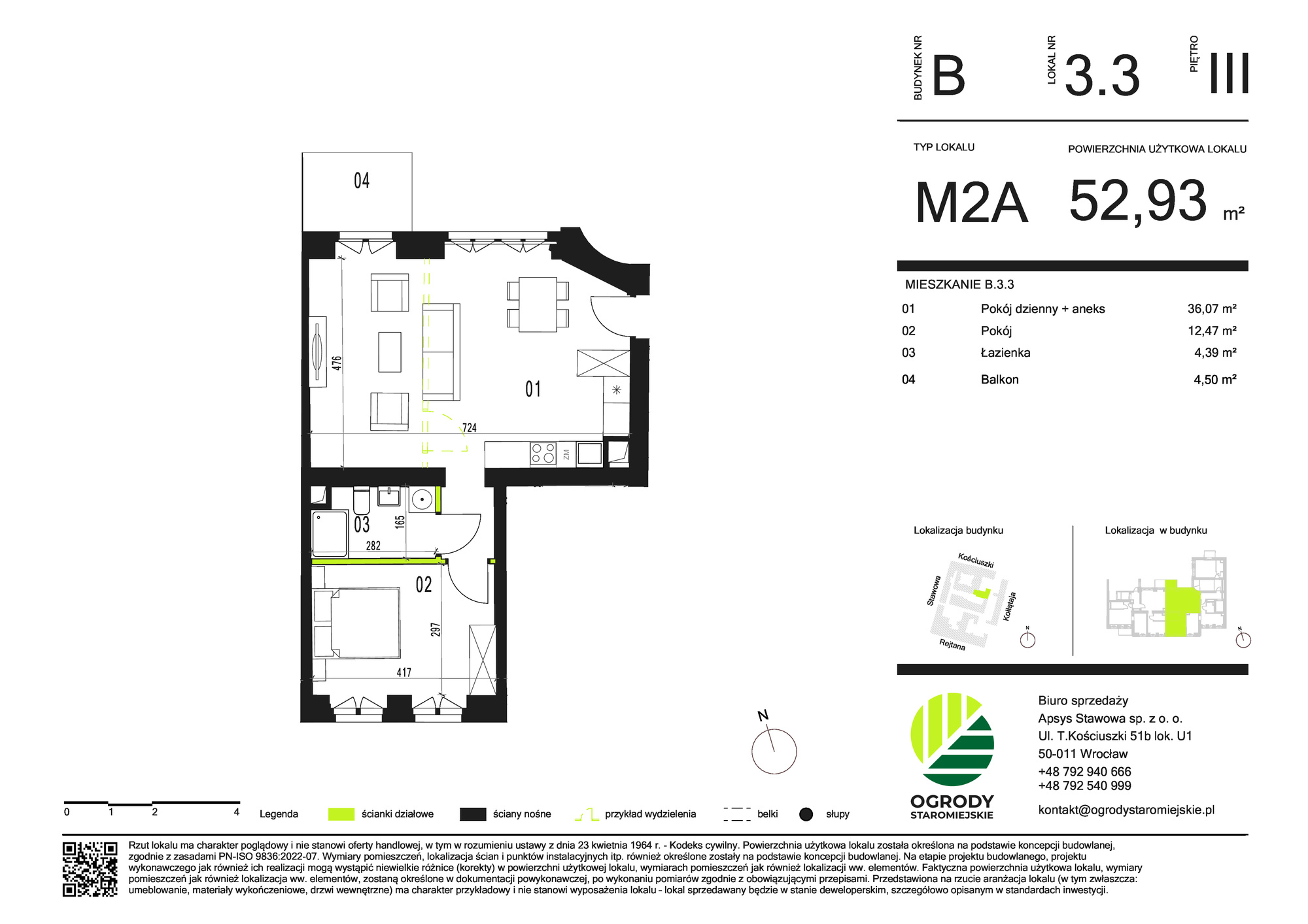 Mieszkanie 52,93 m², piętro 3, oferta nr B.3.3, Ogrody Staromiejskie, Wrocław, Przedmieście Świdnickie, ul. Stawowa 10-idx