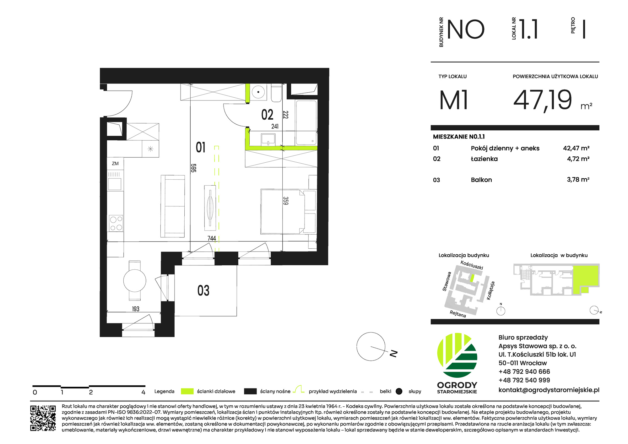 Mieszkanie 47,19 m², piętro 1, oferta nr NO.1.1, Ogrody Staromiejskie, Wrocław, Przedmieście Świdnickie, ul. Stawowa 10-idx