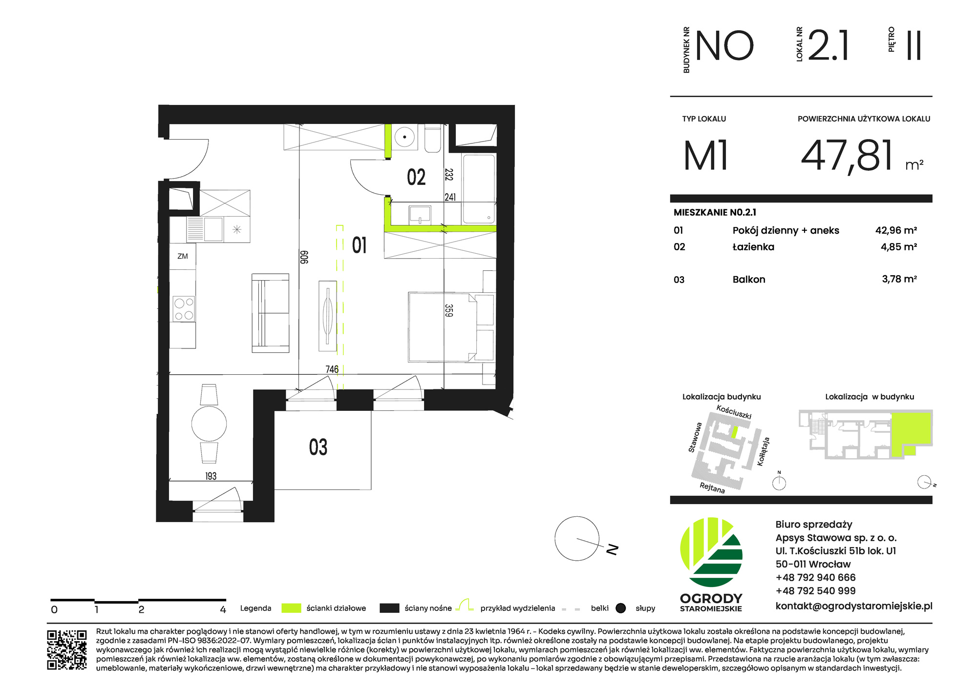 Mieszkanie 47,81 m², piętro 2, oferta nr NO.2.1, Ogrody Staromiejskie, Wrocław, Przedmieście Świdnickie, ul. Stawowa 10-idx