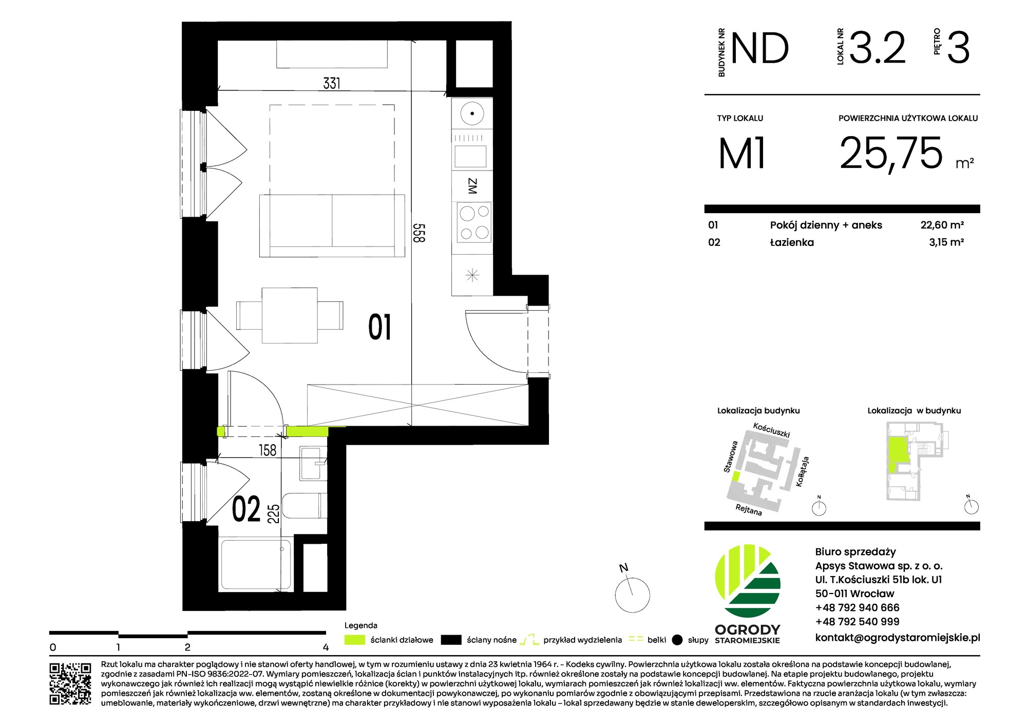 Mieszkanie 25,75 m², piętro 3, oferta nr ND.3.2, Ogrody Staromiejskie, Wrocław, Przedmieście Świdnickie, ul. Stawowa 10-idx