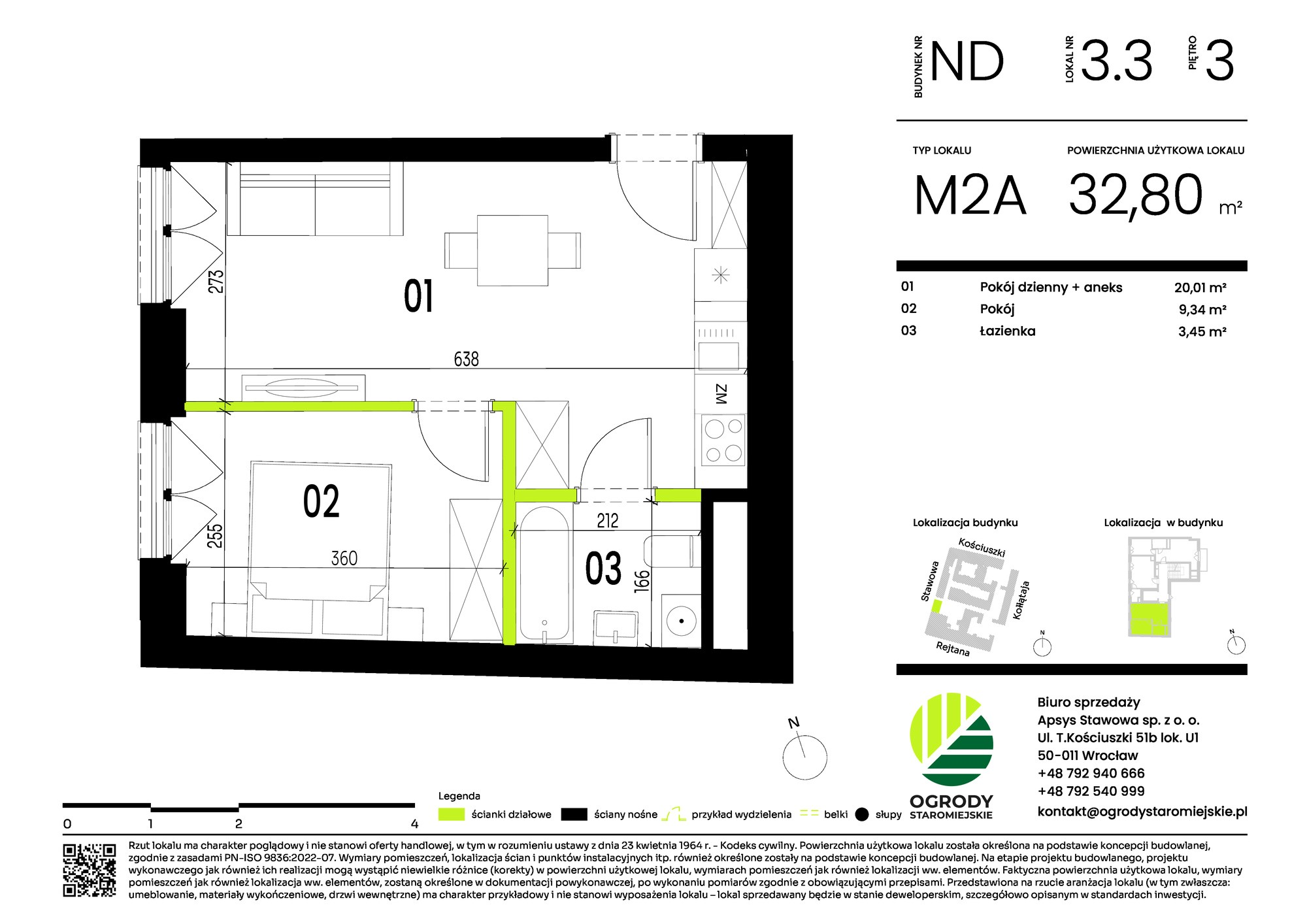 Mieszkanie 32,80 m², piętro 3, oferta nr ND.3.3, Ogrody Staromiejskie, Wrocław, Przedmieście Świdnickie, ul. Stawowa 10-idx