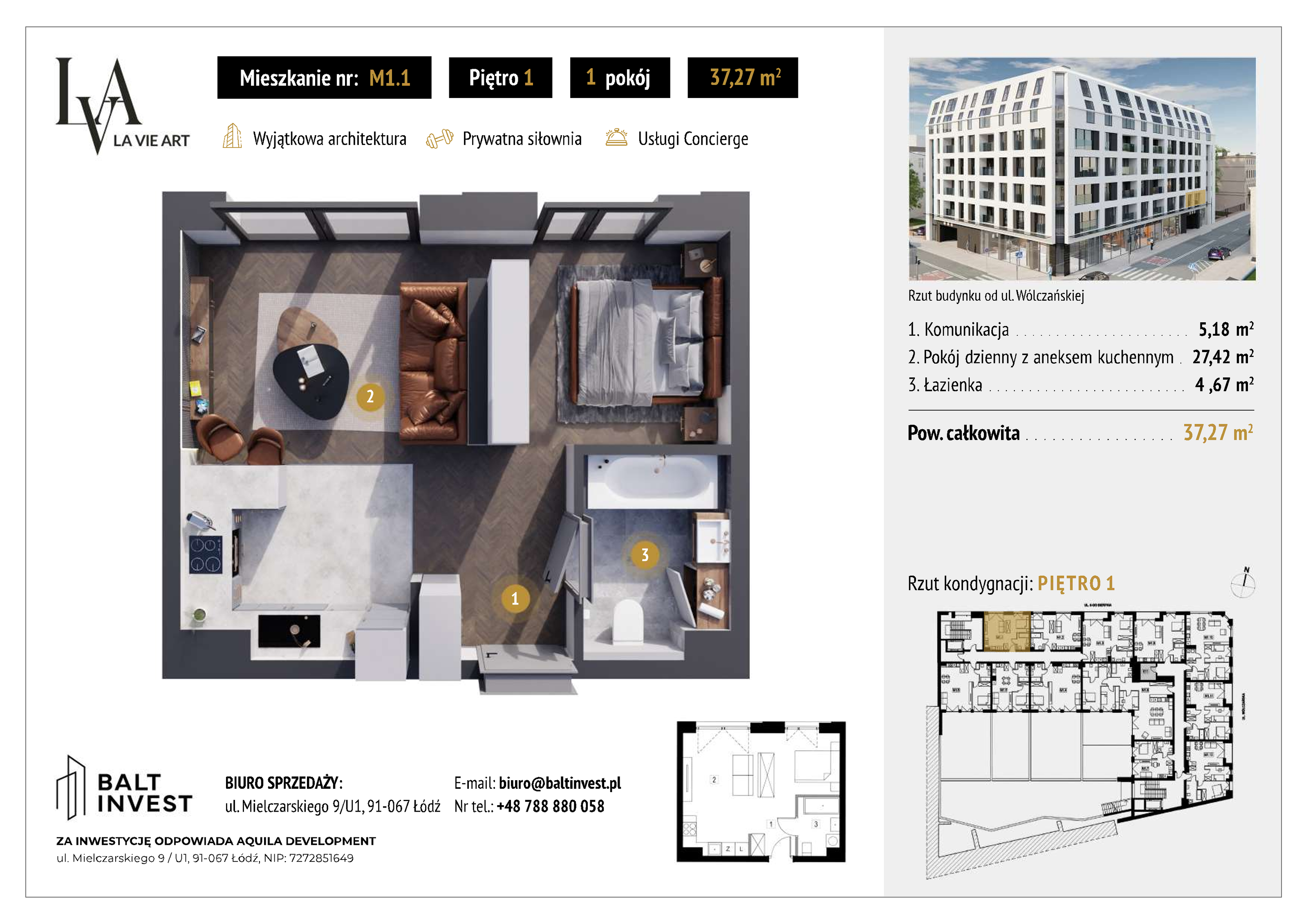 Mieszkanie 37,27 m², piętro 1, oferta nr M1_1, La Vie Art, Łódź, Polesie, ul. 6 Sierpnia 10-idx