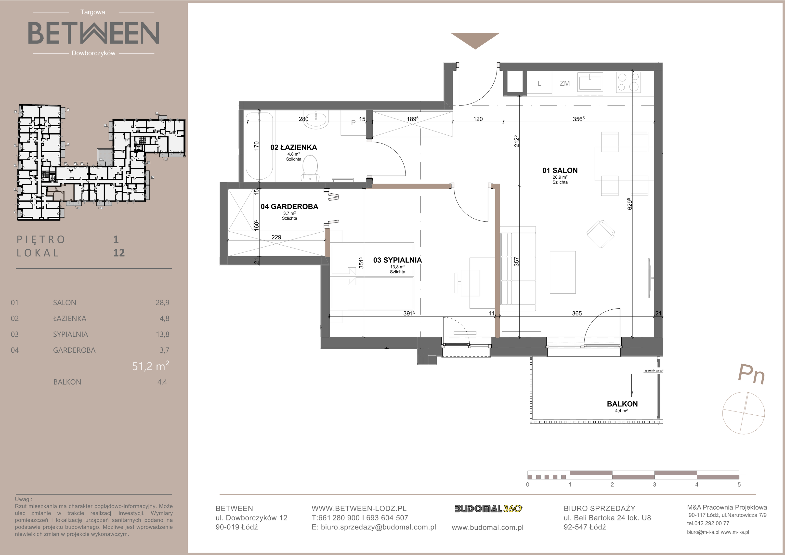 Mieszkanie 51,20 m², piętro 1, oferta nr 12, Between, Łódź, Widzew, ul. Dowborczyków 12-idx