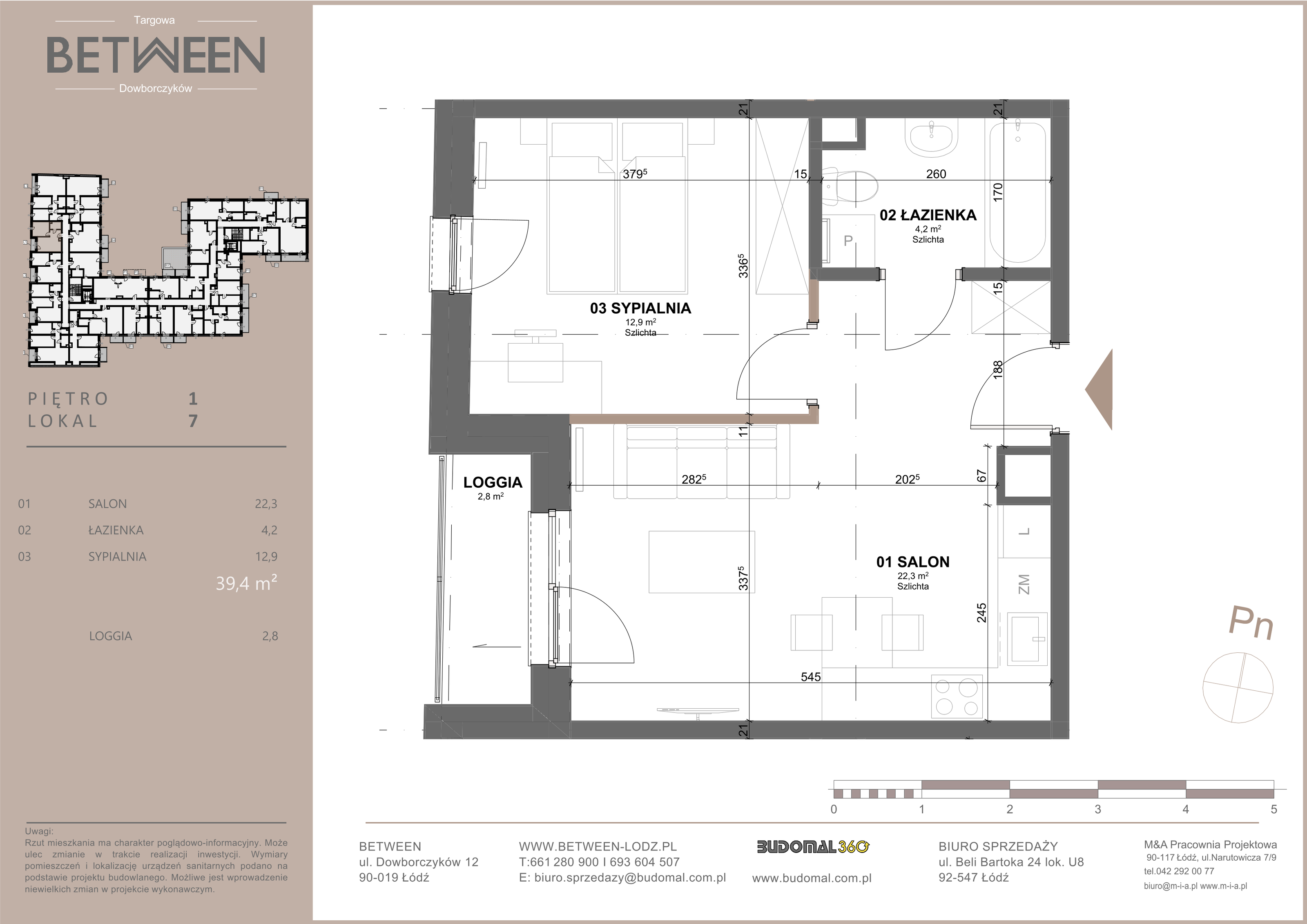 Mieszkanie 39,40 m², piętro 1, oferta nr 7, Between, Łódź, Widzew, ul. Dowborczyków 12-idx