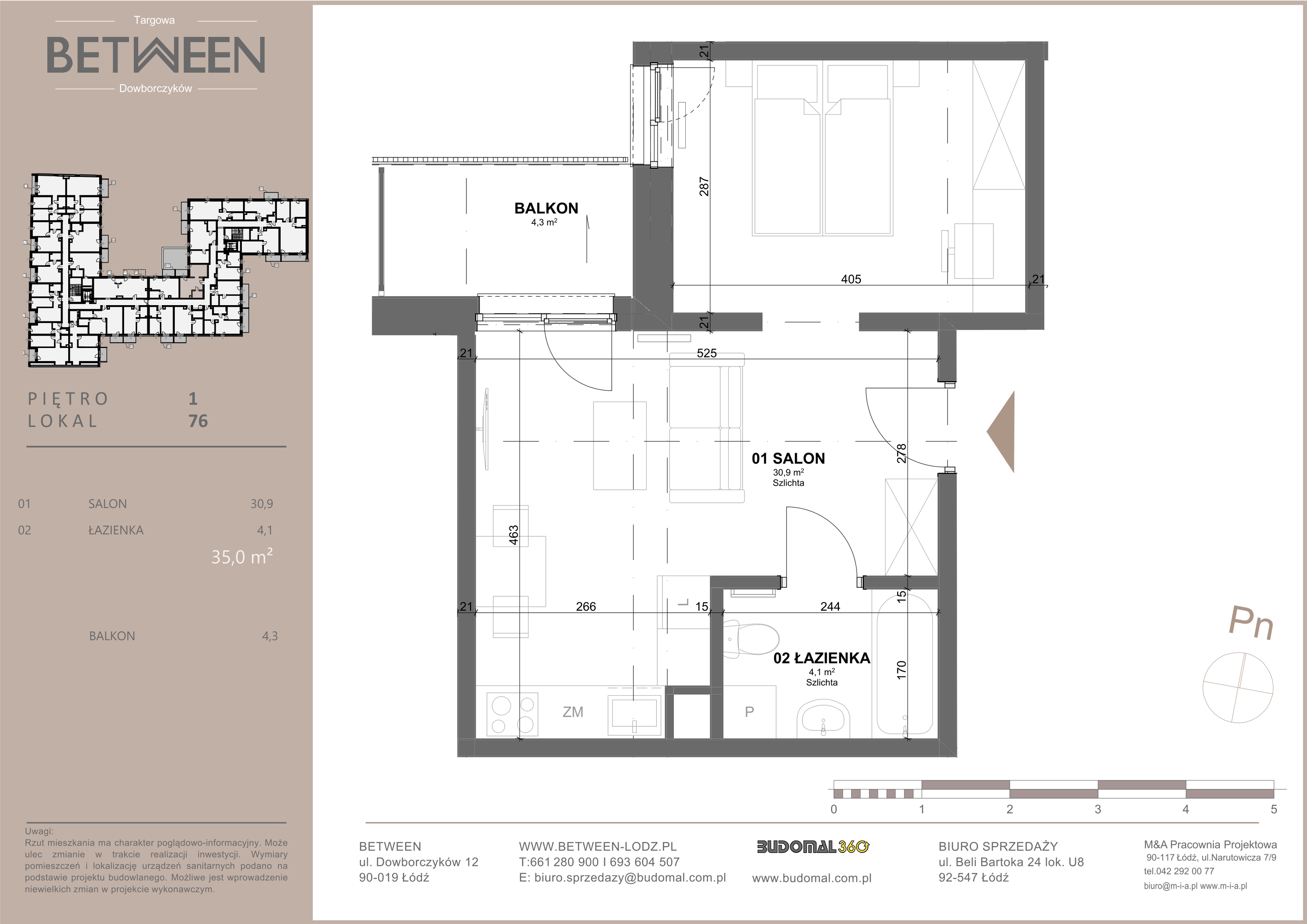 Mieszkanie 35,00 m², piętro 1, oferta nr 76, Between, Łódź, Widzew, ul. Dowborczyków 12-idx